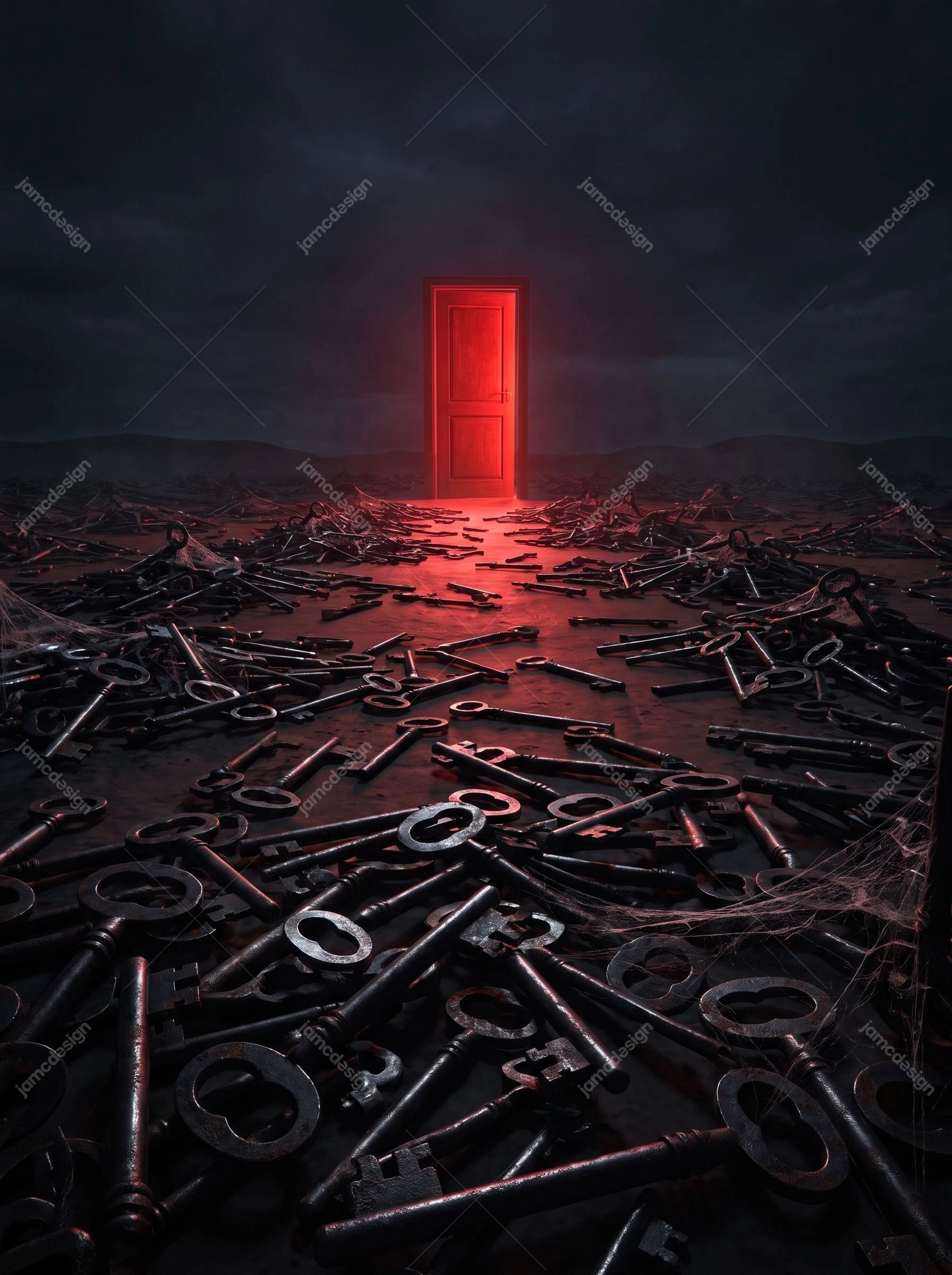 Red Door And Antique Keys Surreal Shadowy Crimson Field Background. Surreal JPG background showing a glowing red door beyond a dark field covered