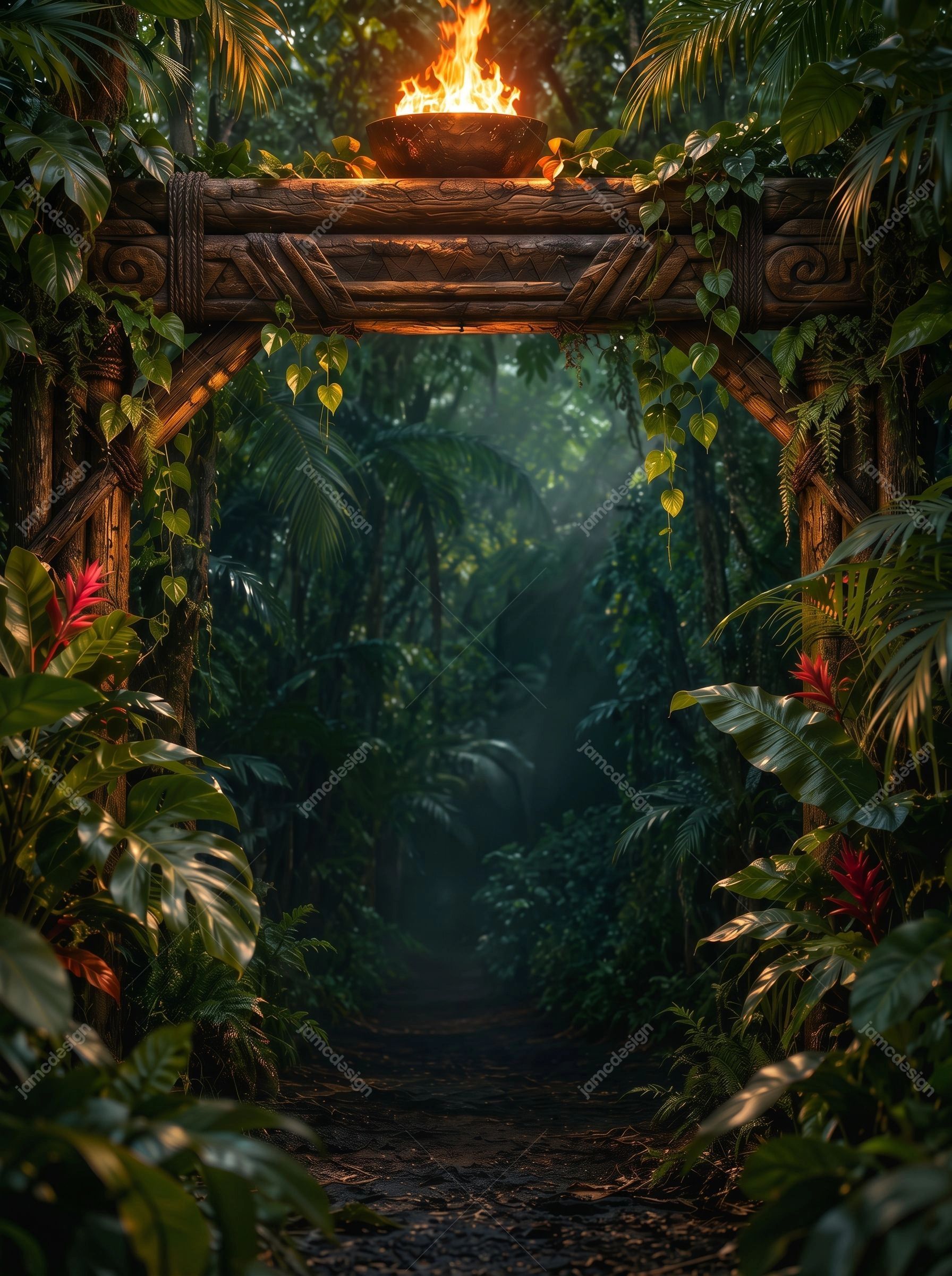 Arrière-Plan De Jungle Tropicale Avec Porte Et Brasero Enflammé. Fond JPG représentant un sentier sombre dans une jungle tropicale encadré par une porte