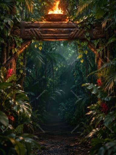 Arrière-Plan De Jungle Tropicale Avec Porte Et Brasero Enflammé