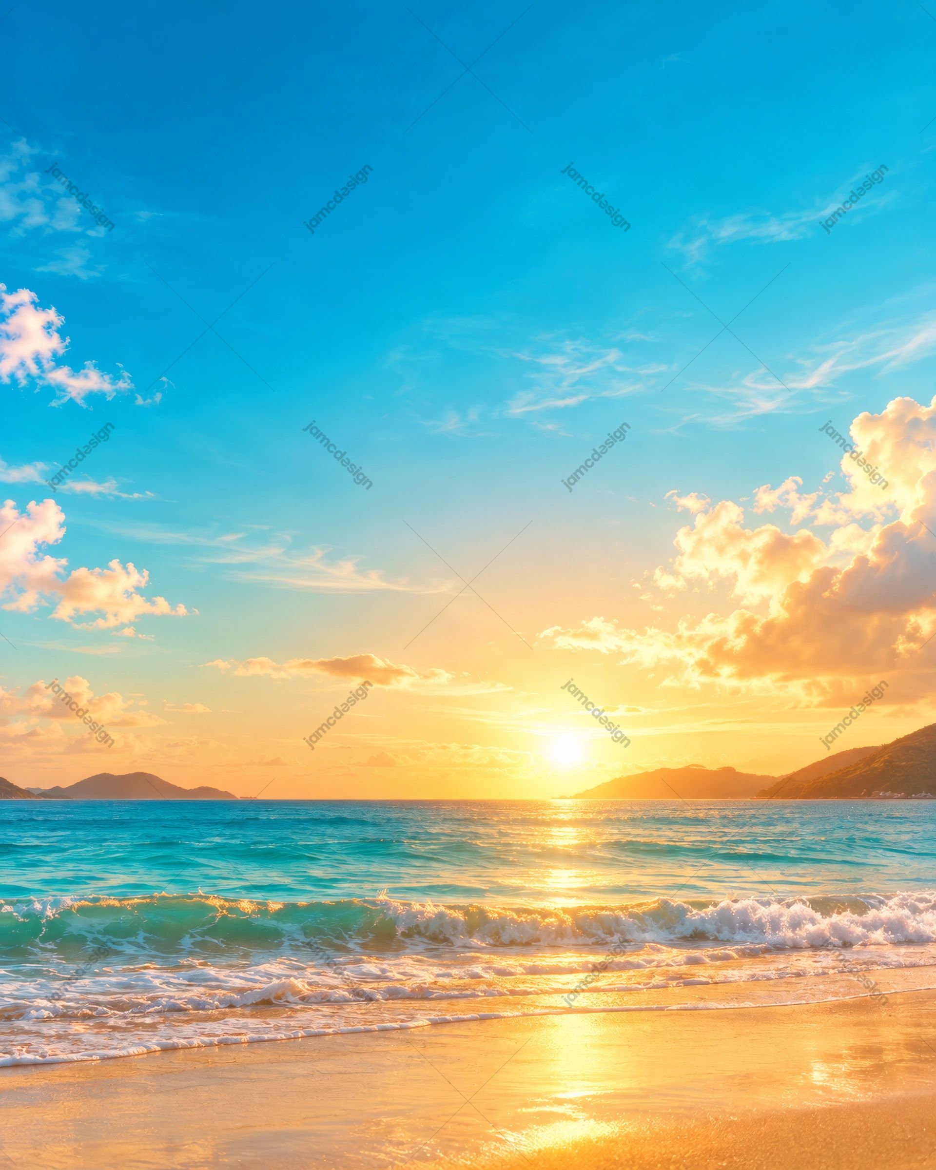 Glowing Surf At Sunset Beach Background PNG. This PNG background shows a tropical beach at sunset, with turquoise ocean waves, distant mountain headlands