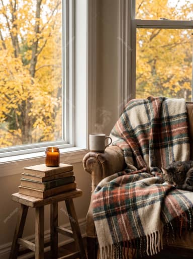 Autumn Reading Nook With Plaid Blanket Photo