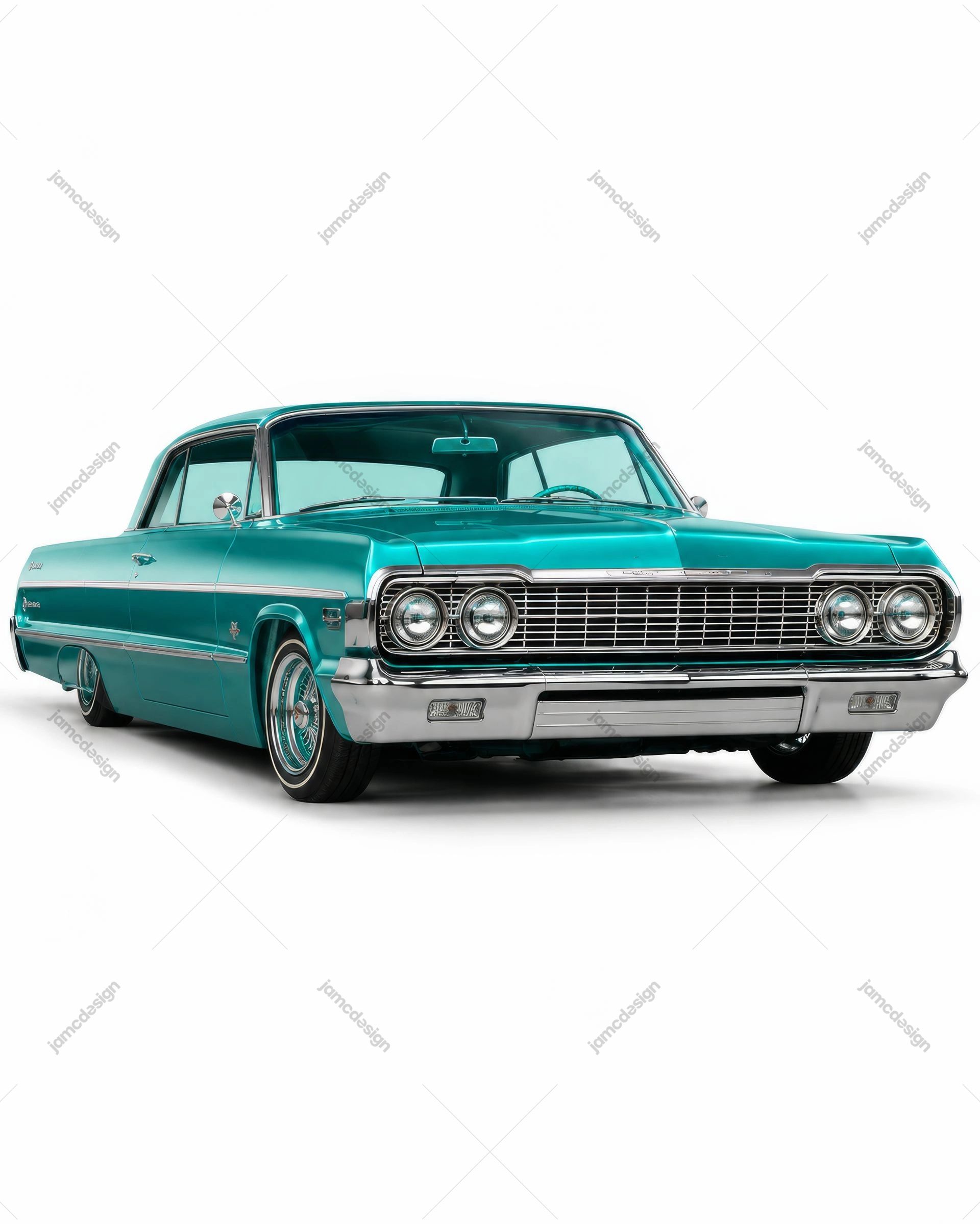 Classic Turquoise Lowrider Car Front View. Classic turquoise lowrider car shown from the front as a realistic JPG photo, featuring polished chrome trim