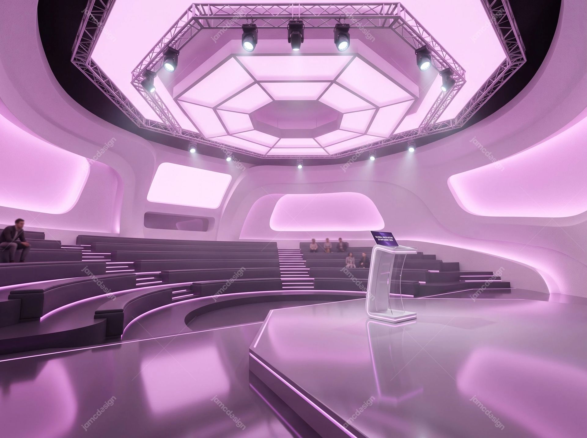 Pink Sci-Fi Auditorium Background With Curved Seating. Download this JPG background showing a futuristic pink auditorium with curved seating, a central podium