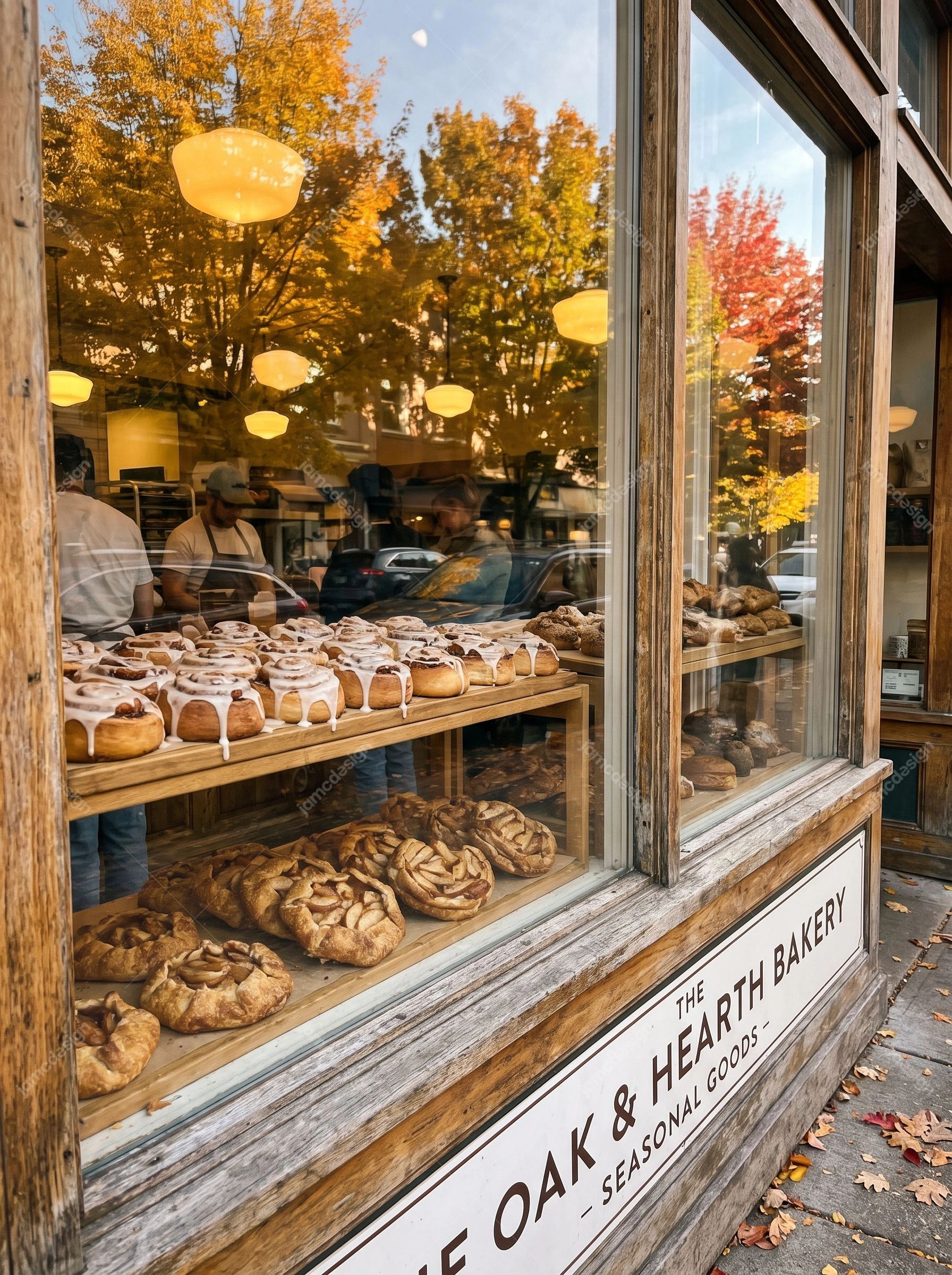 Vitrine De Boulangerie Avec Pâtisseries Glacées Et Pains. Téléchargez cette photo JPG d’une vitrine de boulangerie remplie de pâtisseries glacées et de pains