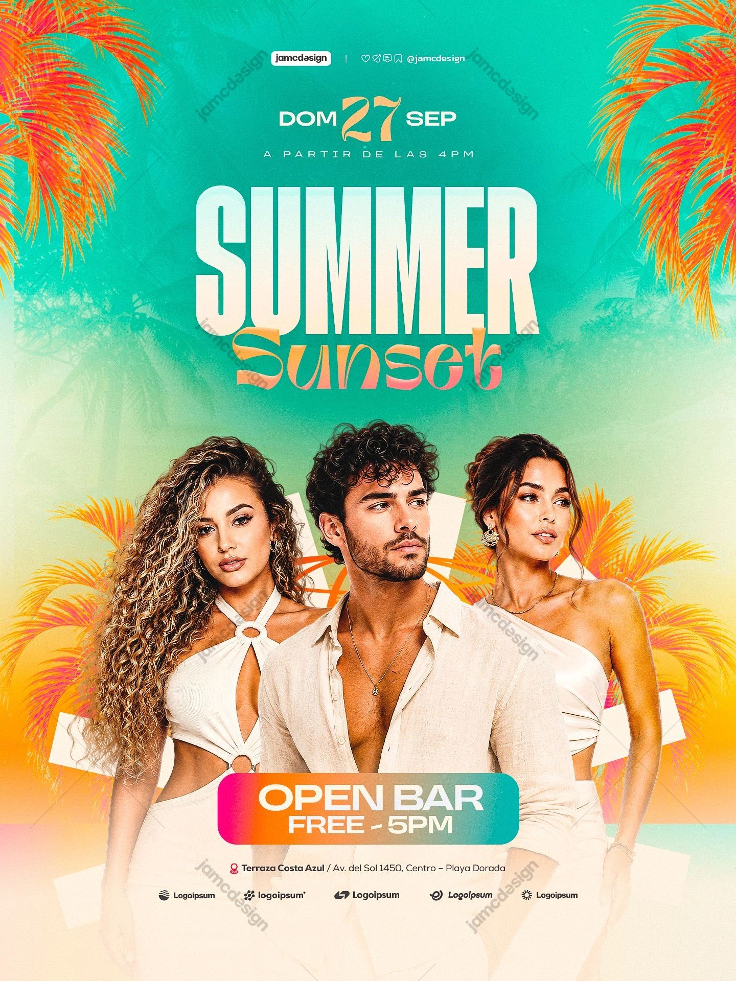 Summer Sunset Event Flyer Template PSD. Download this editable PSD event flyer for a summer sunset gathering, featuring three fashion models, palm fronds