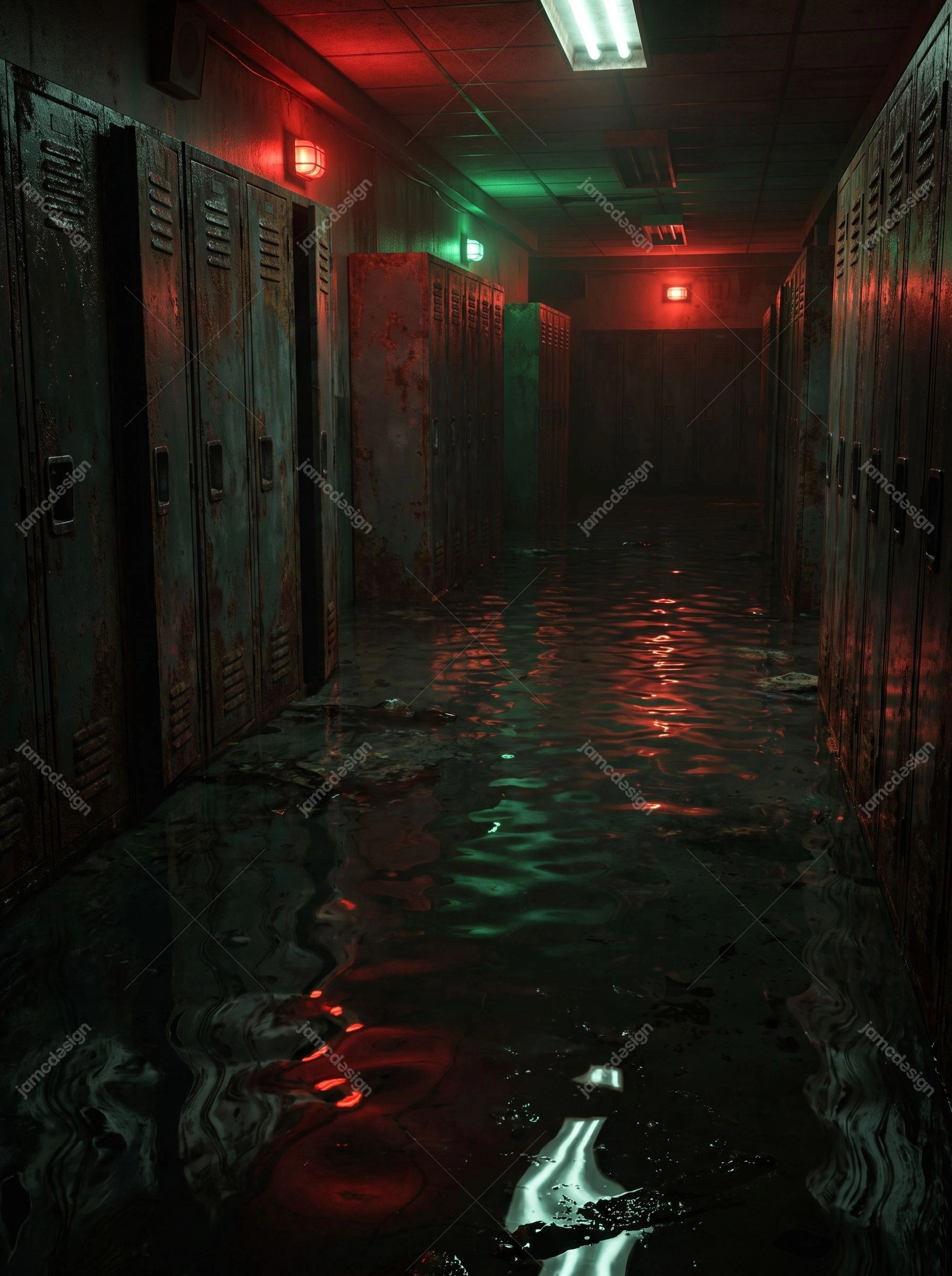 Flooded School Locker Hallway Horror Red Green Water Background. JPG background showing a flooded school locker hallway with rows of worn metal lockers