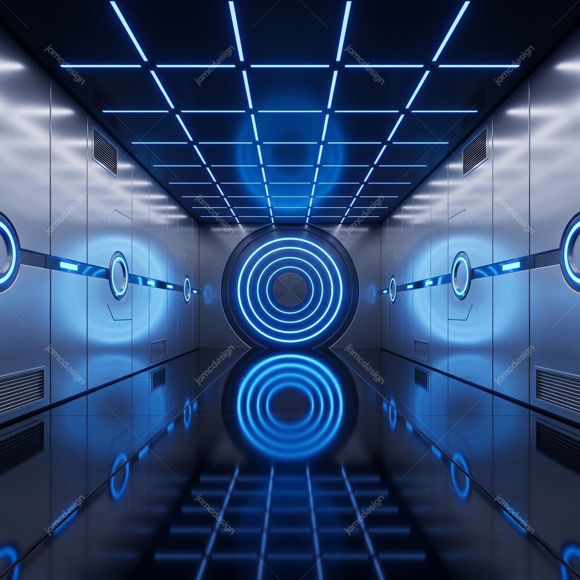 Blue Neon Circular Tunnel Background. Download this JPG background featuring a futuristic blue neon tunnel with a reflective metallic interior