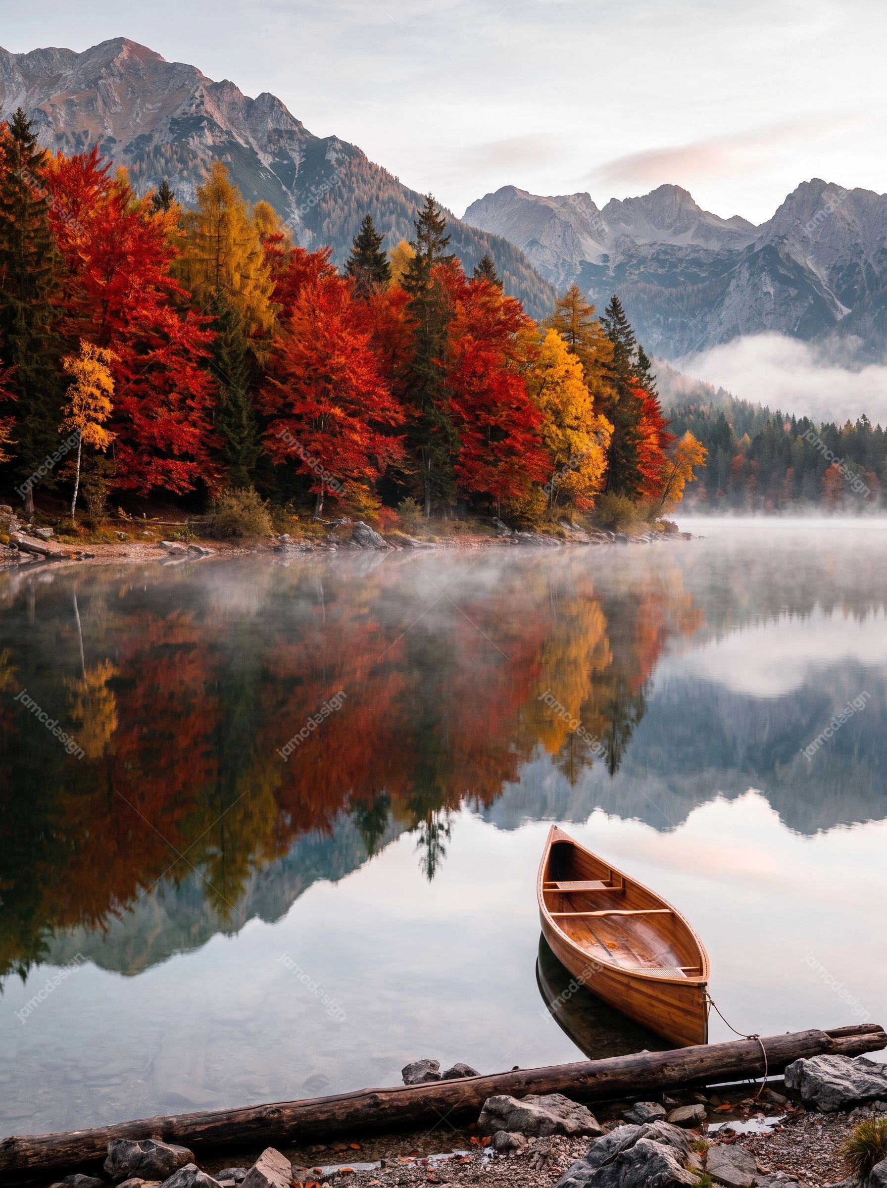 Lac De Montagne Brumeux Avec Forêt Automnale Et Canoë. Photo JPG d’un lac de montagne reflétant une forêt automnale, des sommets escarpés