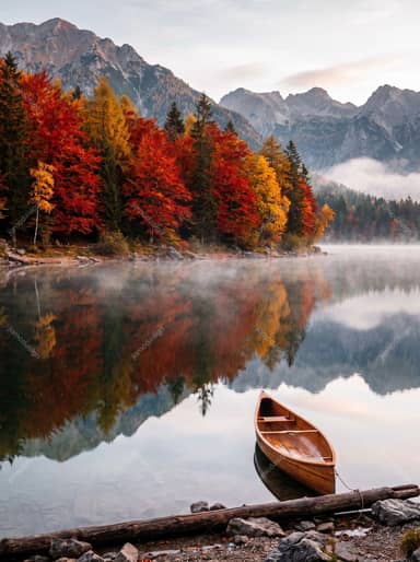 Misty Mountain Lake With Autumn Forest And Canoe