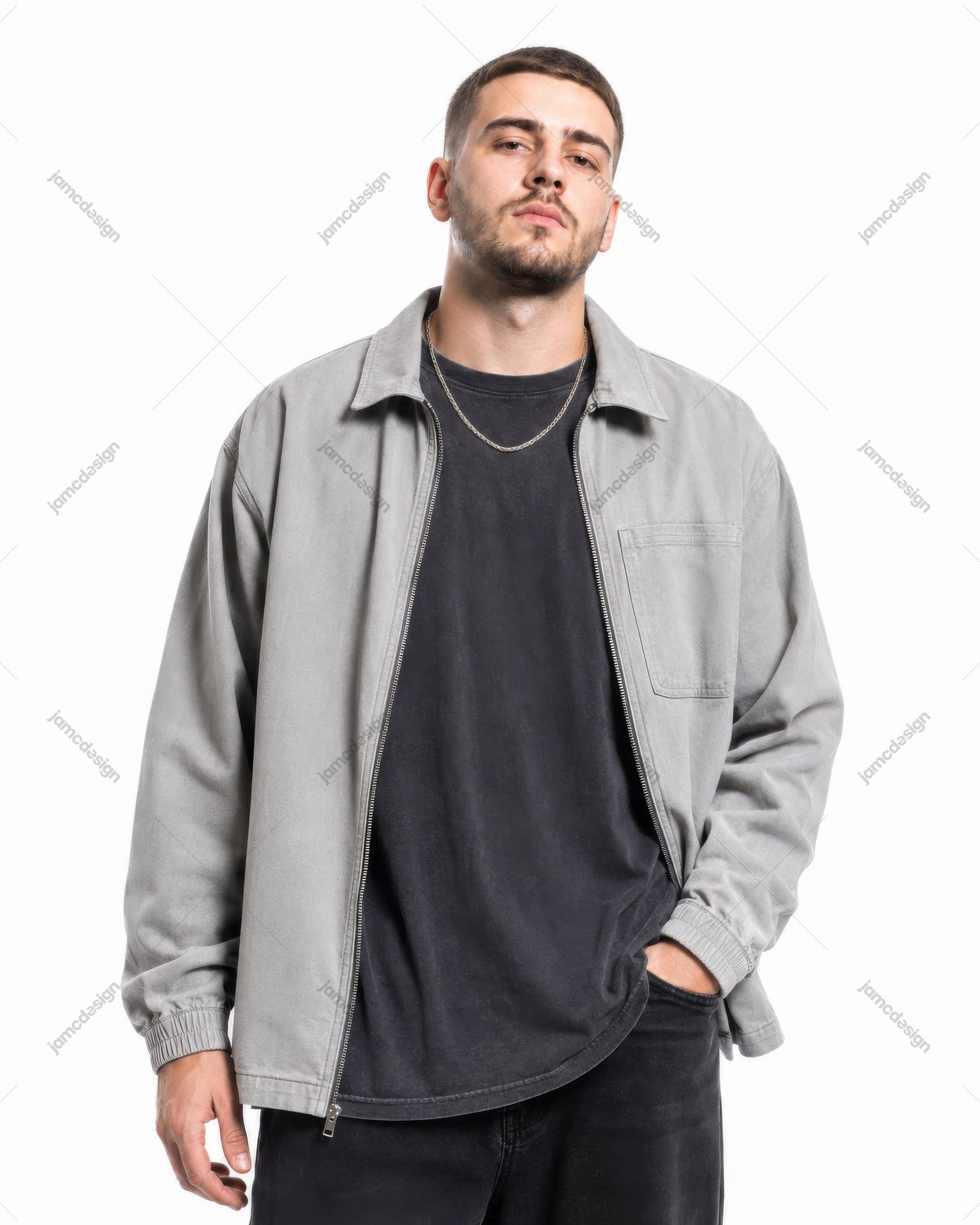 Urban Male Artist Gray Jacket Studio Neutral Menswear Portrait JPG. Photorealistic JPG of a man in a gray jacket and dark shirt