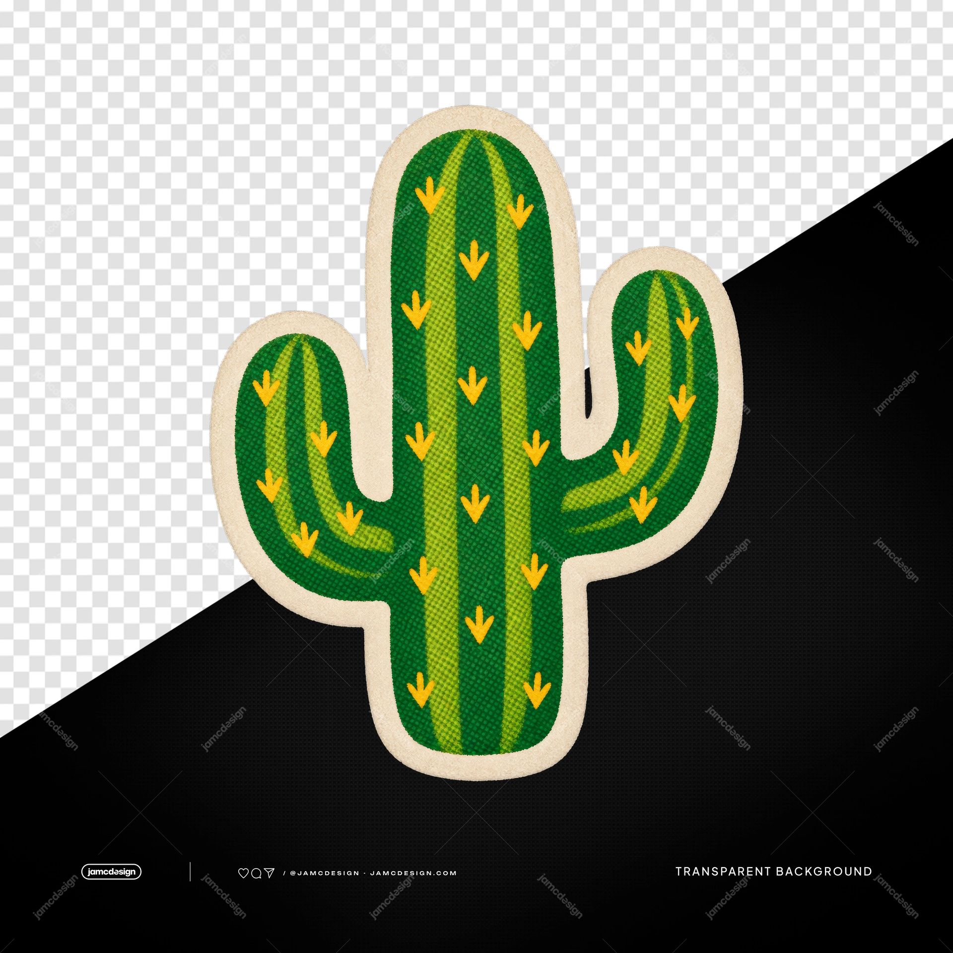 Pegatina De Cactus Verde Bordado PNG. Este PNG transparente muestra una pegatina de cactus de tela verde con bordado, franjas amarillas