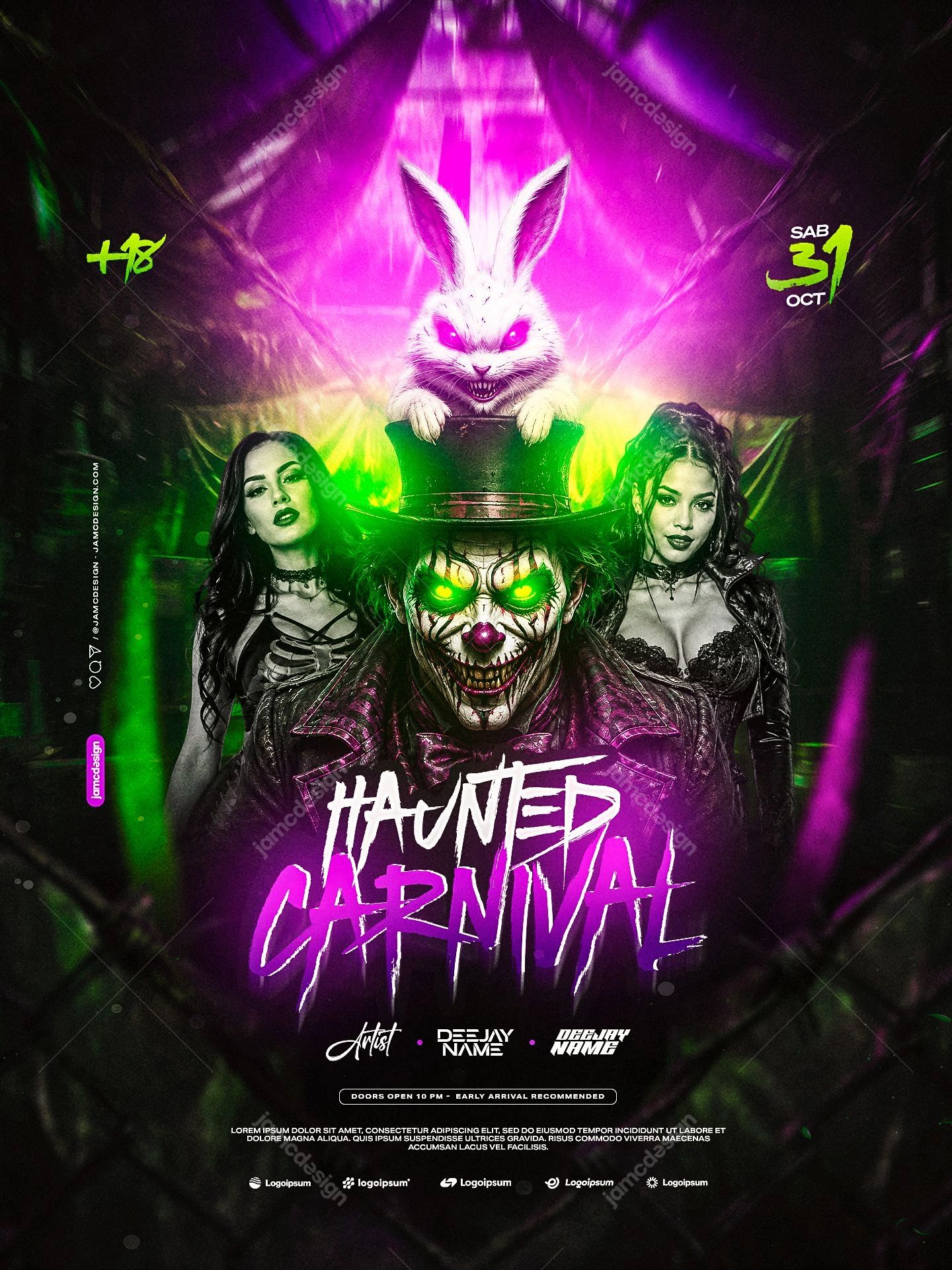 Haunted Carnival Hallowen Flyer Template PSD Editable. Editable PSD event flyer template for a Halloween carnival, featuring a sinister clown figure