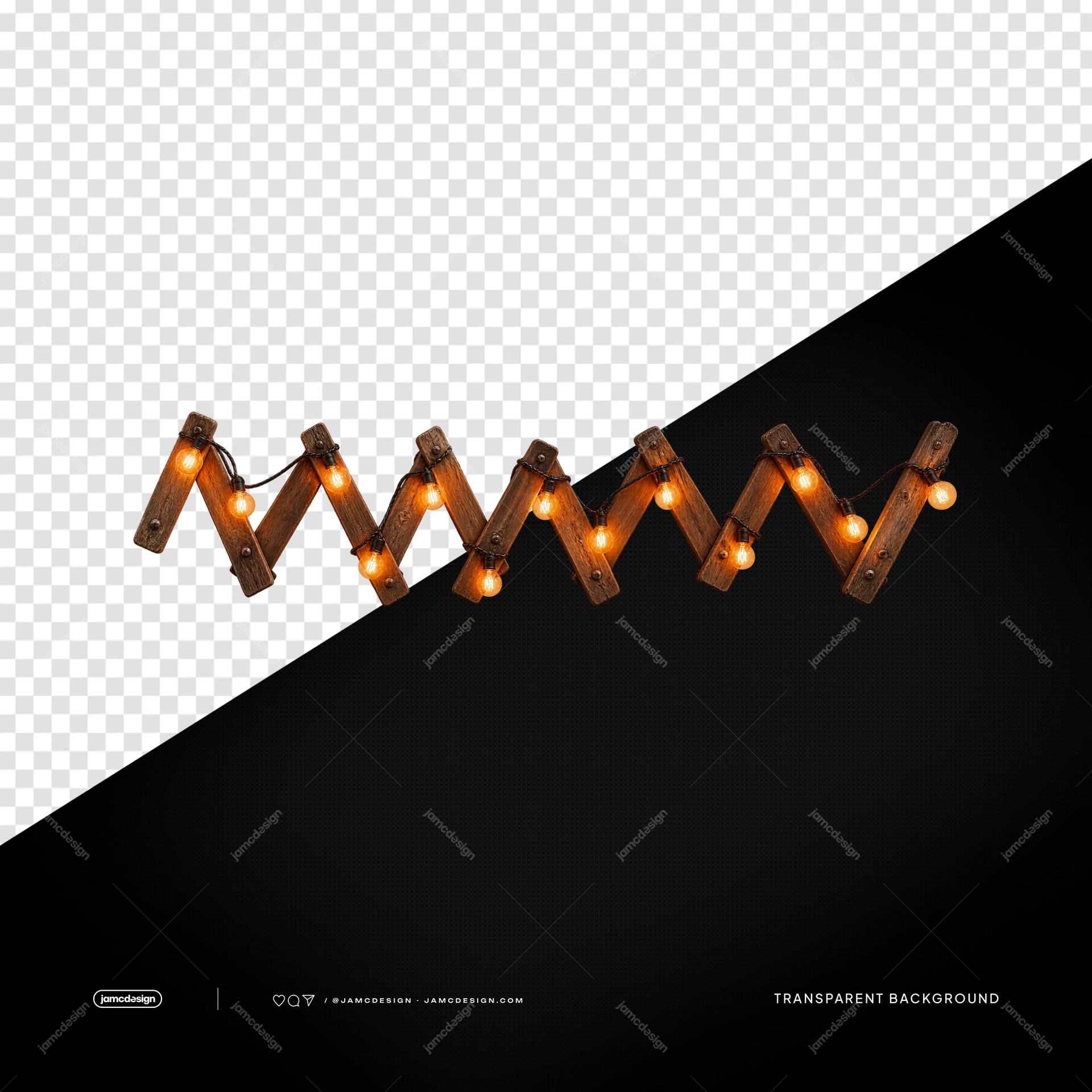 Zigzag Wooden Fence With Edison String Lights PNG. This transparent PNG object shows a rustic zigzag wooden fence threaded with glowing Edison style string