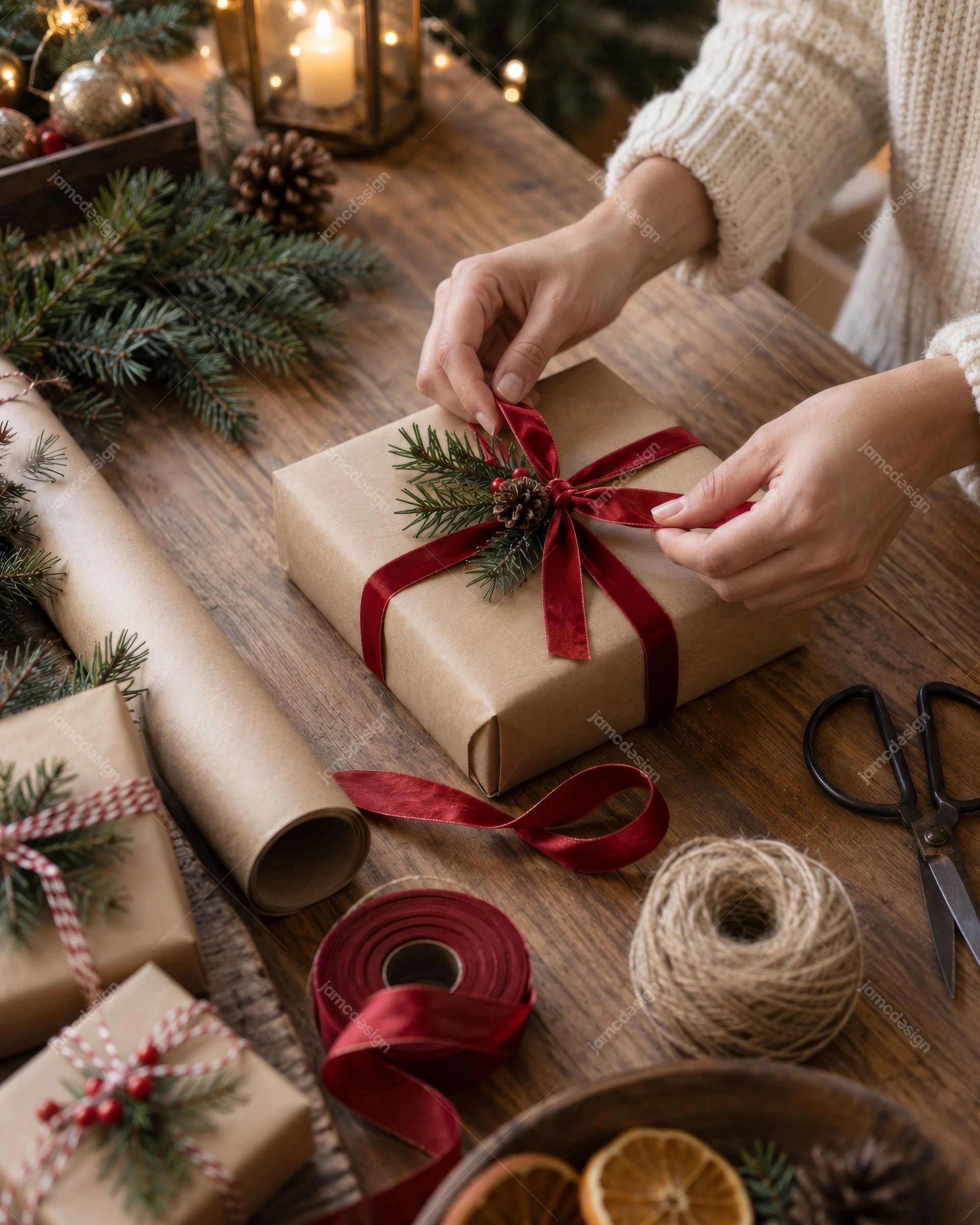 Mãos Embrulhando Um Presente De Natal Com Fita Vermelha. Esta foto JPG mostra mãos embrulhando um presente em papel kraft com uma fita vermelha