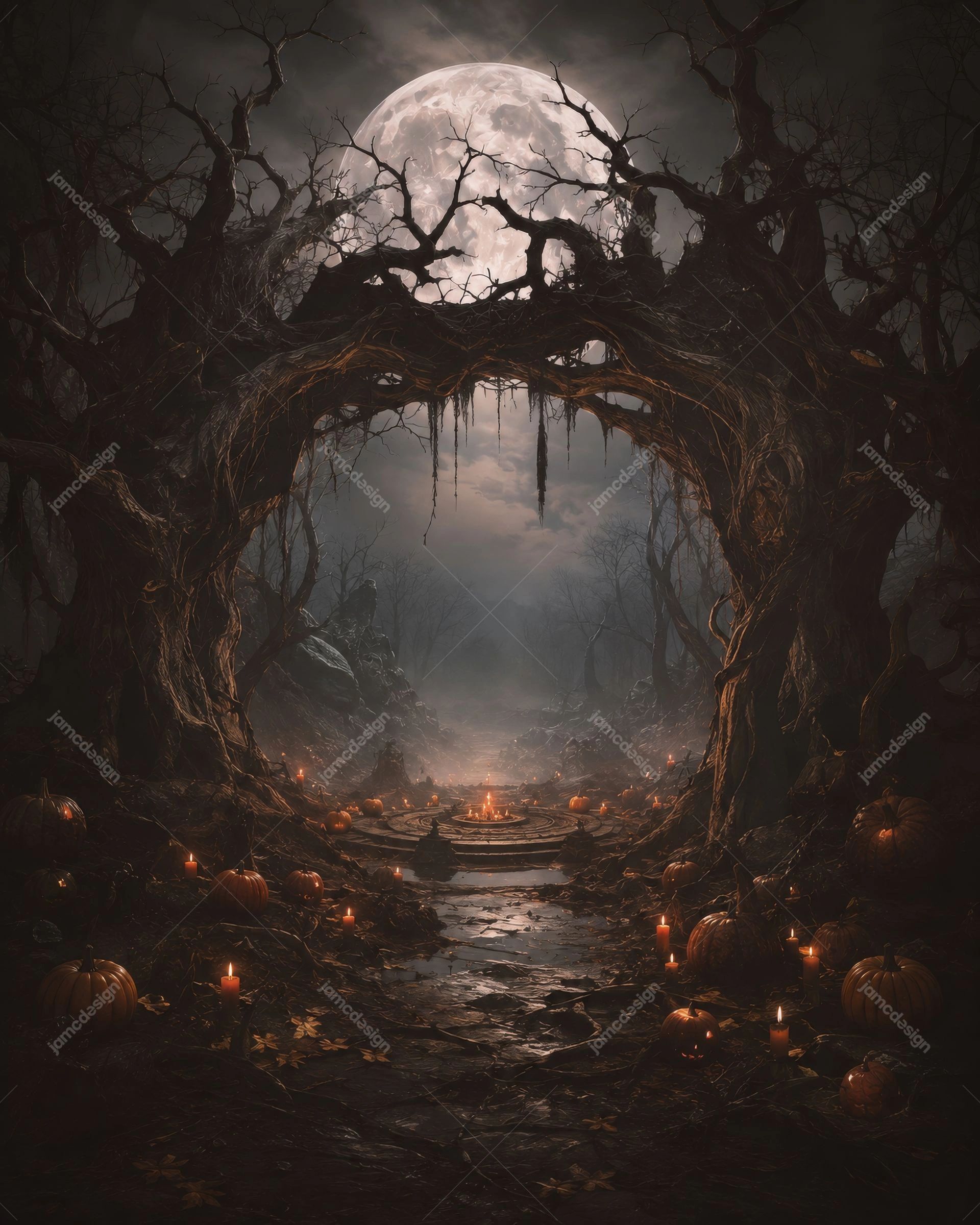 Pumpkin Ritual Forest Full Moon Halloween Background. JPG background depicting a dark fantasy forest path beneath a full moon