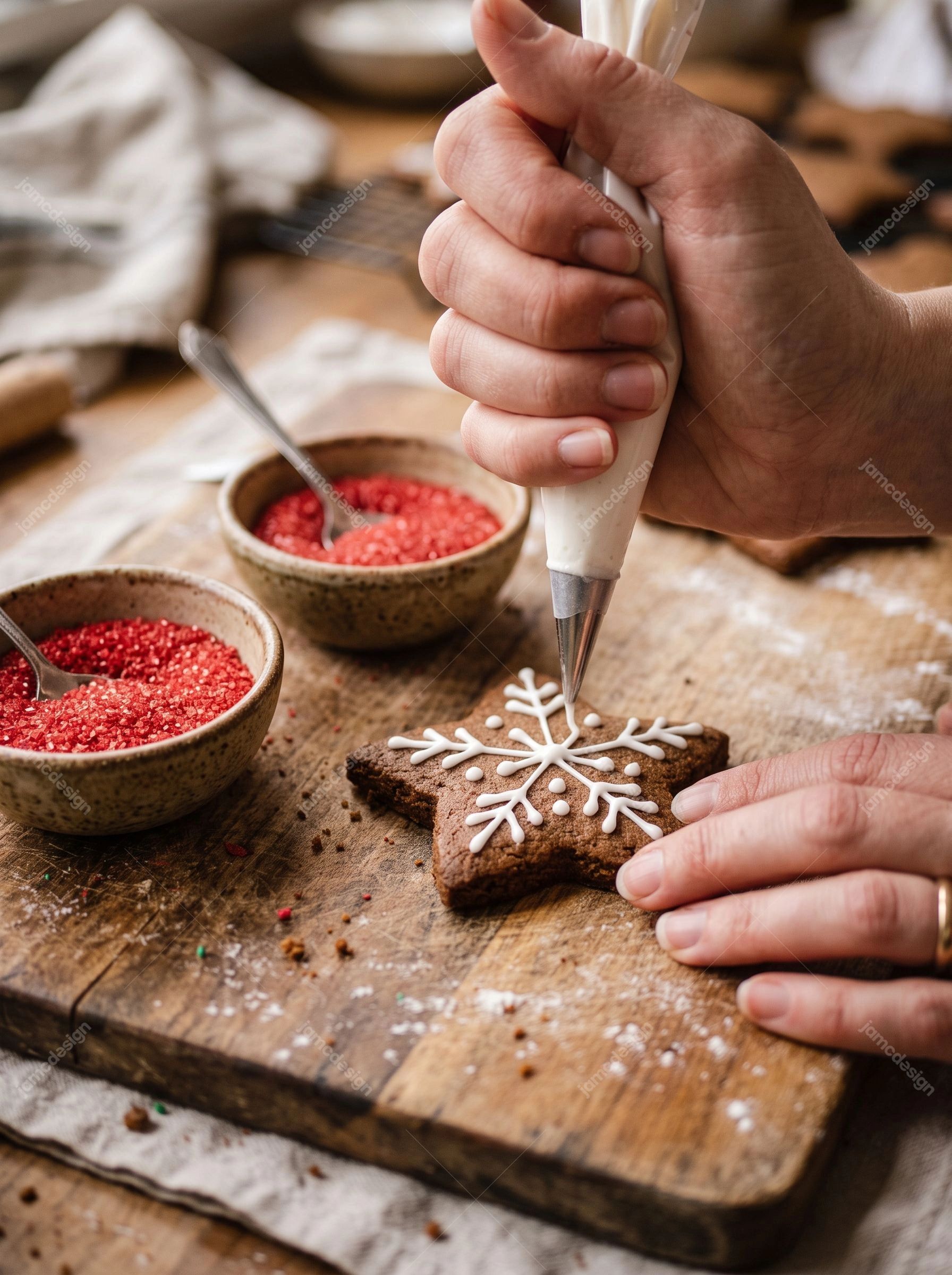 Hands Decorating A Star-Shaped Gingerbread Cookie. This JPG photo shows hands piping white icing onto a star shaped gingerbread cookie beside bowls of red