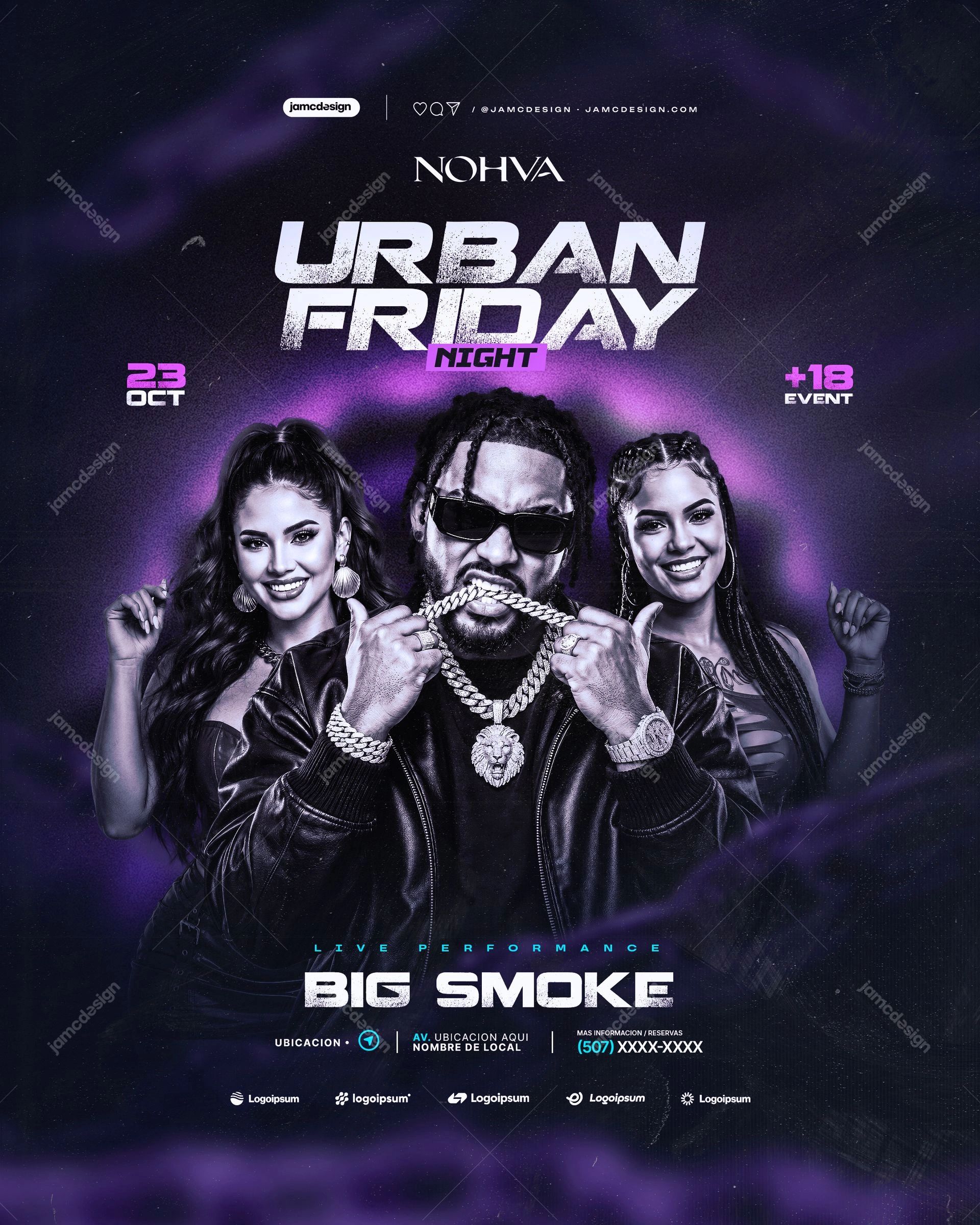 Urban Friday Night Event Flyer Template PSD. This editable PSD event flyer features three fashion styled figures against a dark