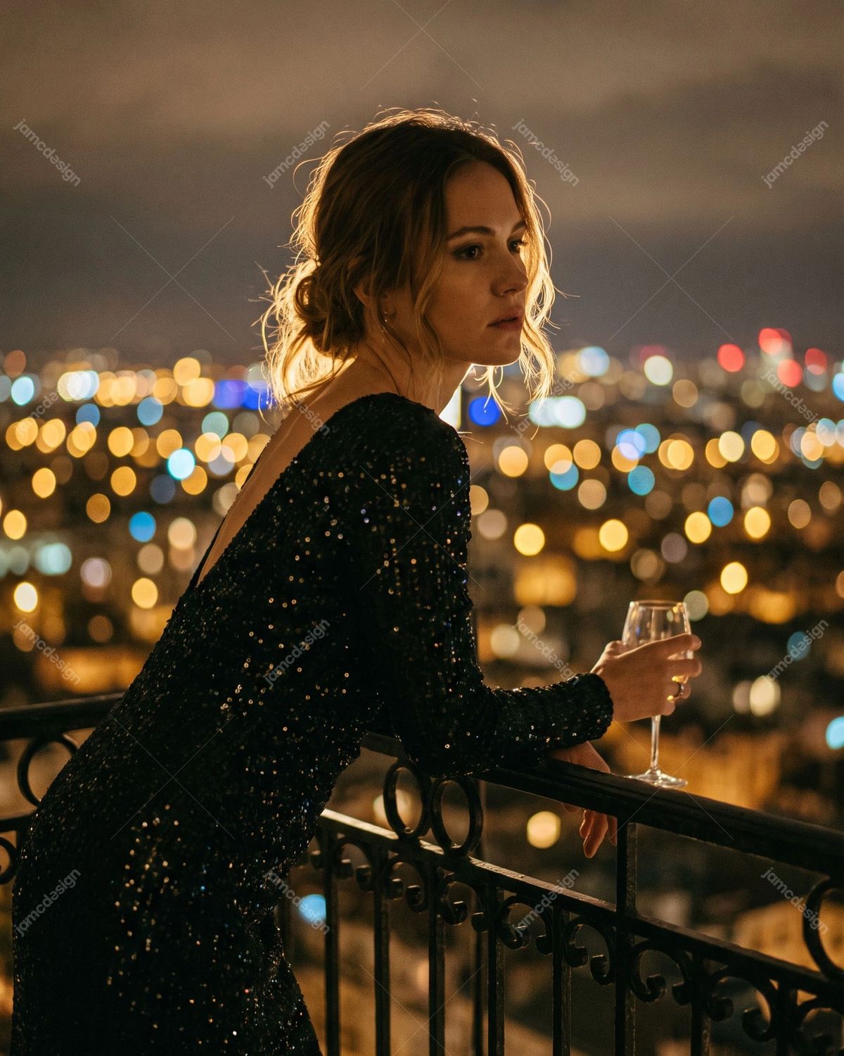 Woman Watching New Year Celebration From Balcony