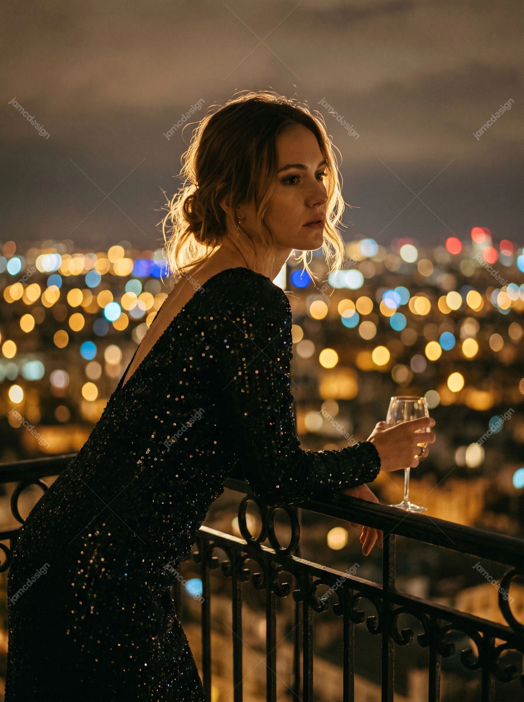Woman Watching New Year Celebration From Balcony. This JPG photo captures a woman in a sequined dress holding a champagne flute on a balcony above a glowing