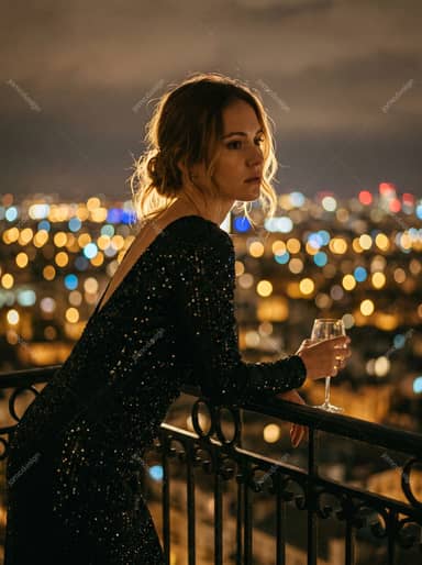 Woman Watching New Year Celebration From Balcony