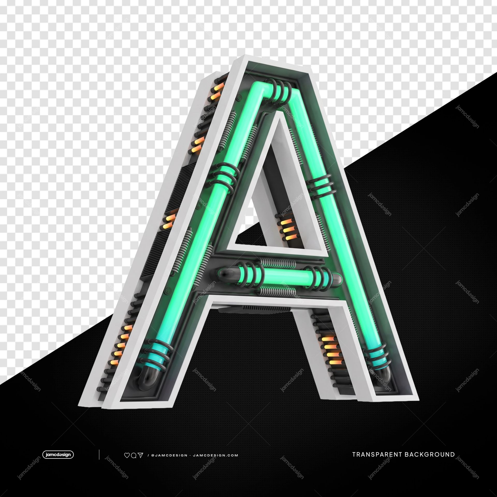 3D Futuristic Industrial Neon Letter A PNG Transparent Background. Industrial neon letter A supplied as a PNG on a transparent background