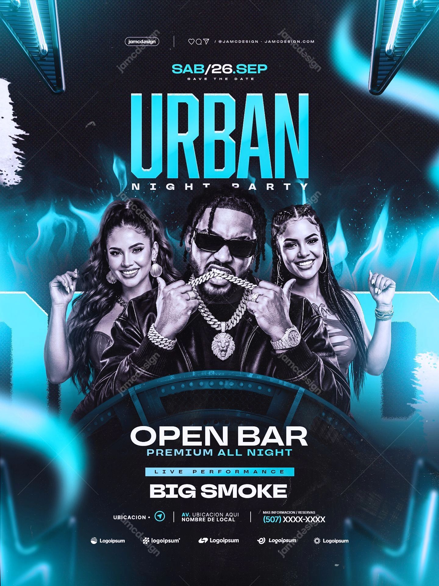 Urban Night Party Flyer Template PSD. Editable PSD event flyer for an urban night party, featuring a central man and two women in a dark geometric setting