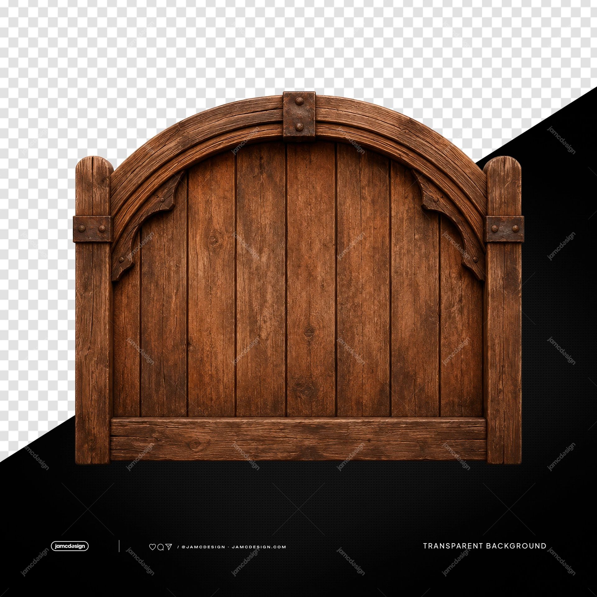 Arched Wooden Door Rustic Brown Arch Transparent Object PNG. Transparent PNG object featuring a rustic arched wooden door with timber planks, carved trim