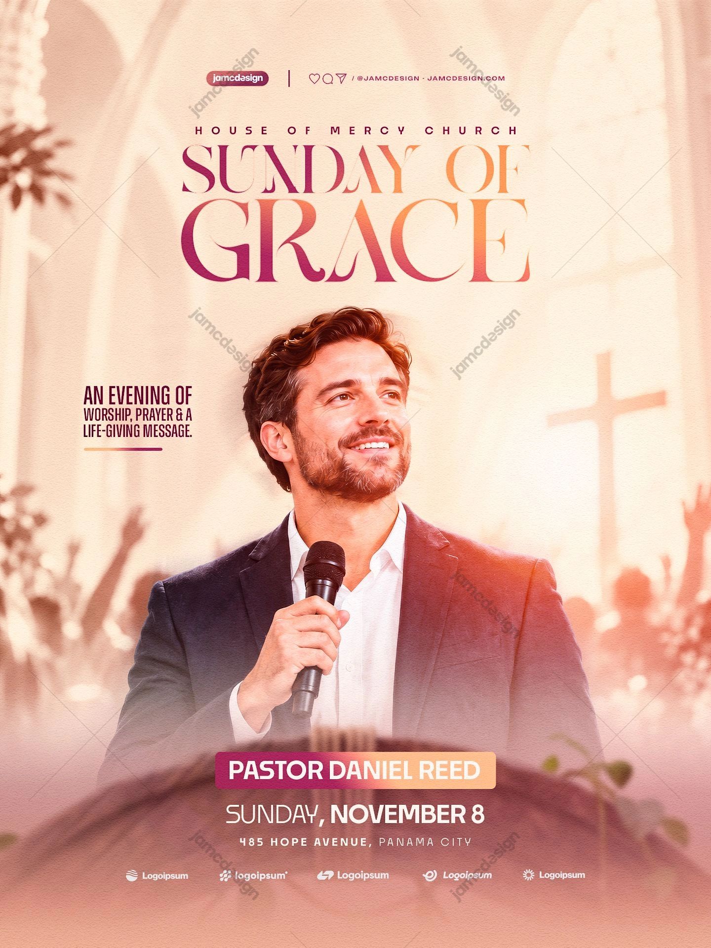 Sunday Of Grace Church Service Flyer Template PSD. An editable PSD Sunday service flyer features a man holding a microphone