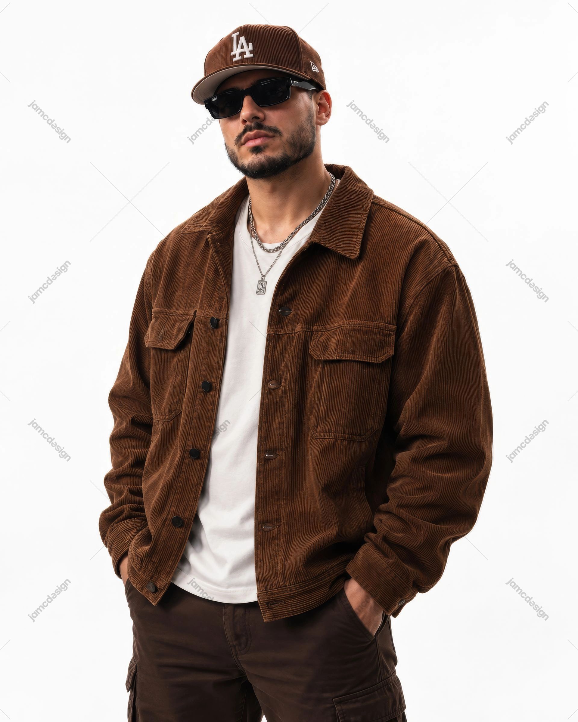 Man In Brown Corduroy Jacket And Baseball Cap. JPG photo of a man in a brown corduroy jacket, cap and sunglasses against a clean studio background