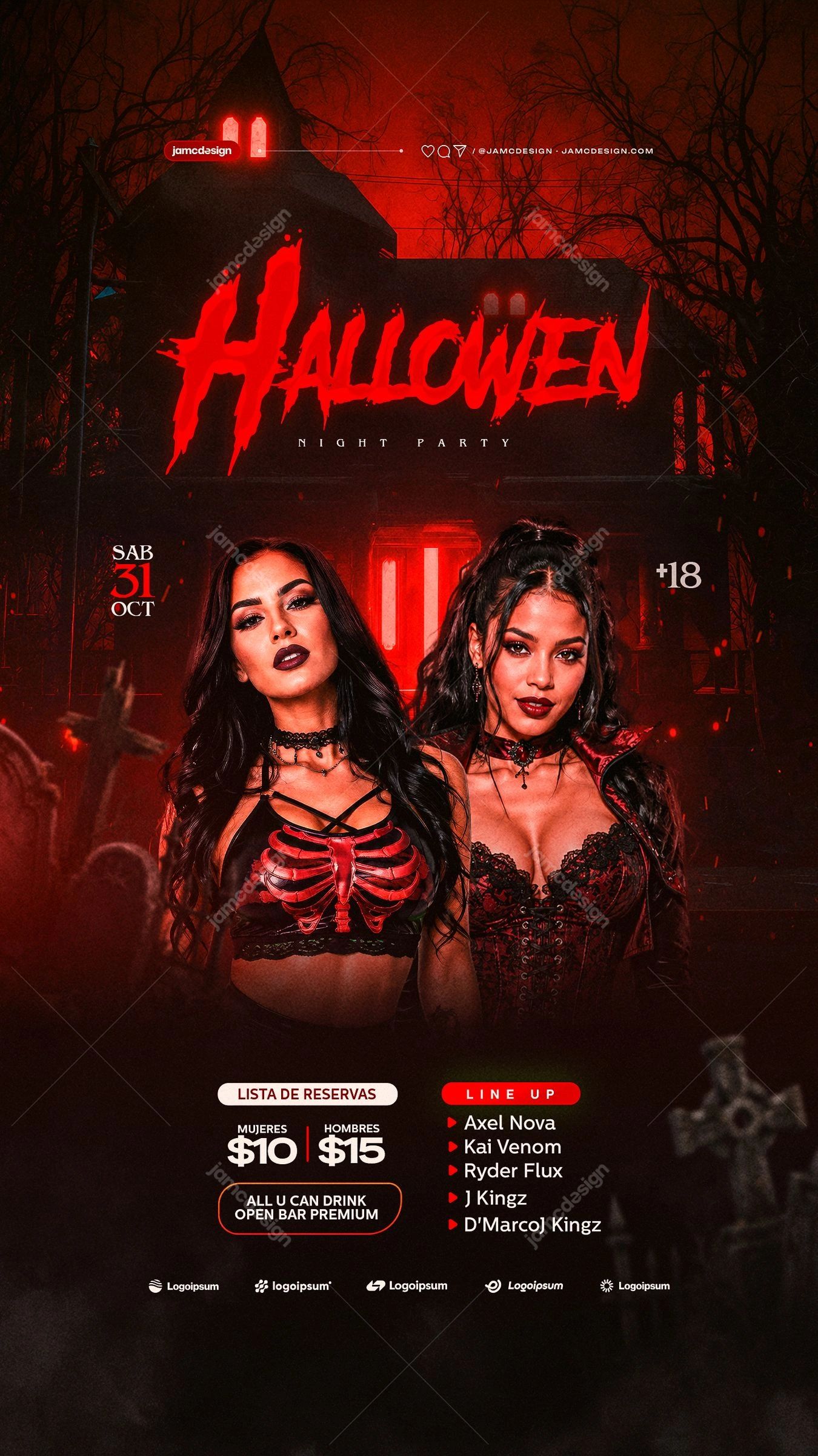 Red Halloween Party Flyer Story PSD Template Editable. Editable PSD template for a Halloween night party social media story