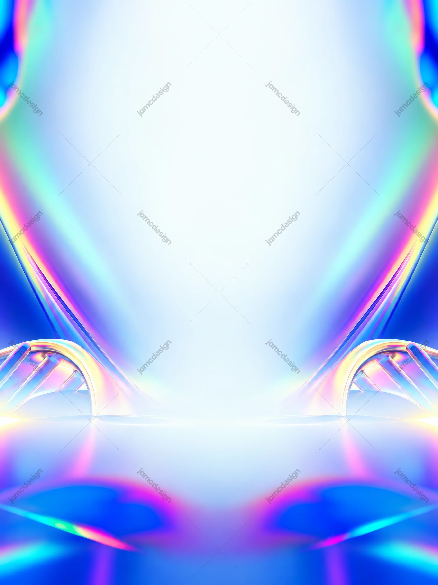 Iridescent Stage Background With Metallic Arches PNG. Download this PNG background showing a futuristic, symmetrical stage like scene with iridescent blue