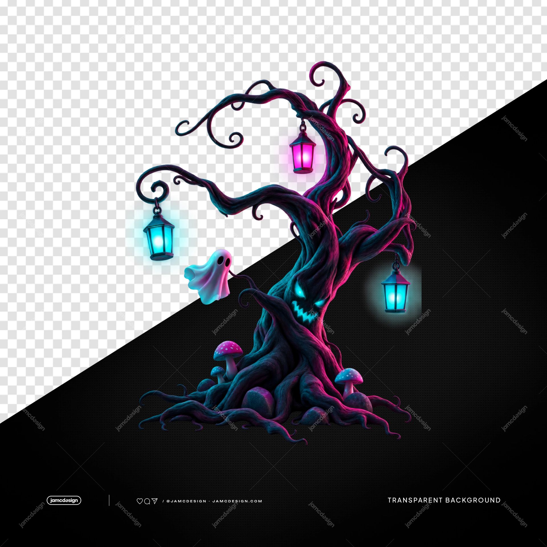Haunted Tree With A Ghost And Curling Branches PNG. This transparent object PNG shows a gnarled haunted tree with curling branches