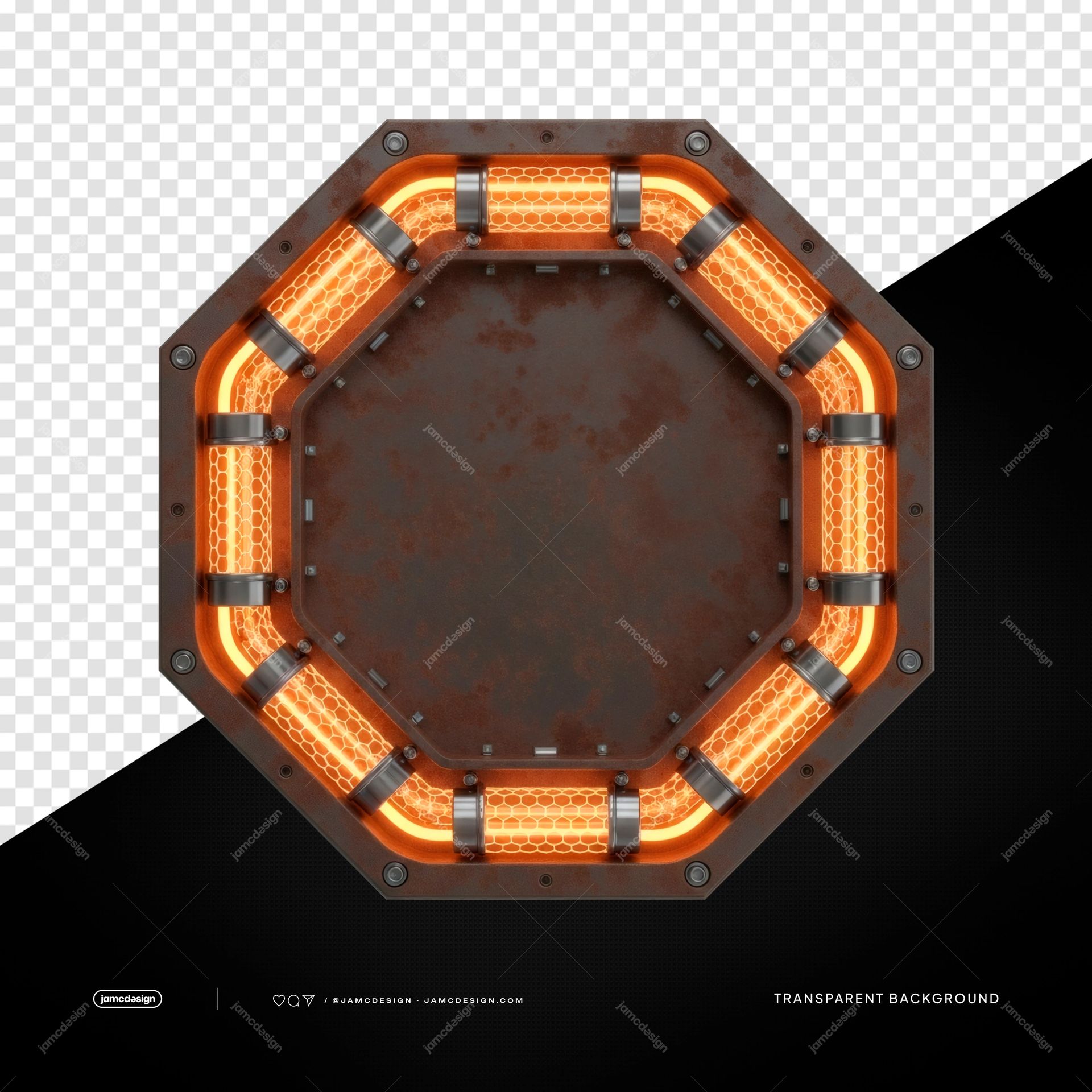 Rusty Octagonal LED Orange Tubes Transparent Panel PNG. PNG transparent object showing a rusty octagonal LED panel with a dark metal surface