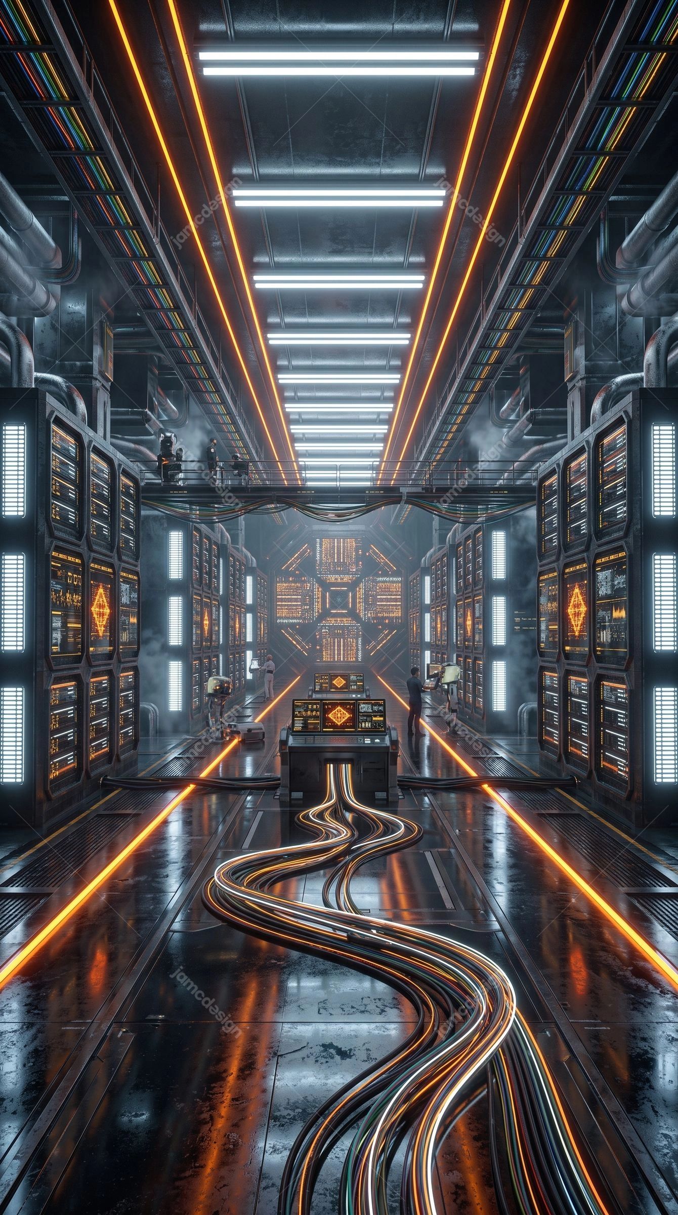 Futuristic Data Center Cable Corridor Background. Download this JPG background showing a futuristic technology corridor with server racks, bundled cables