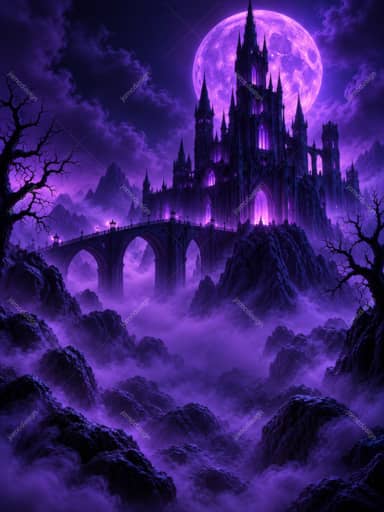 Purple Gothic Castle Under Full Moon Halloween Background PNG