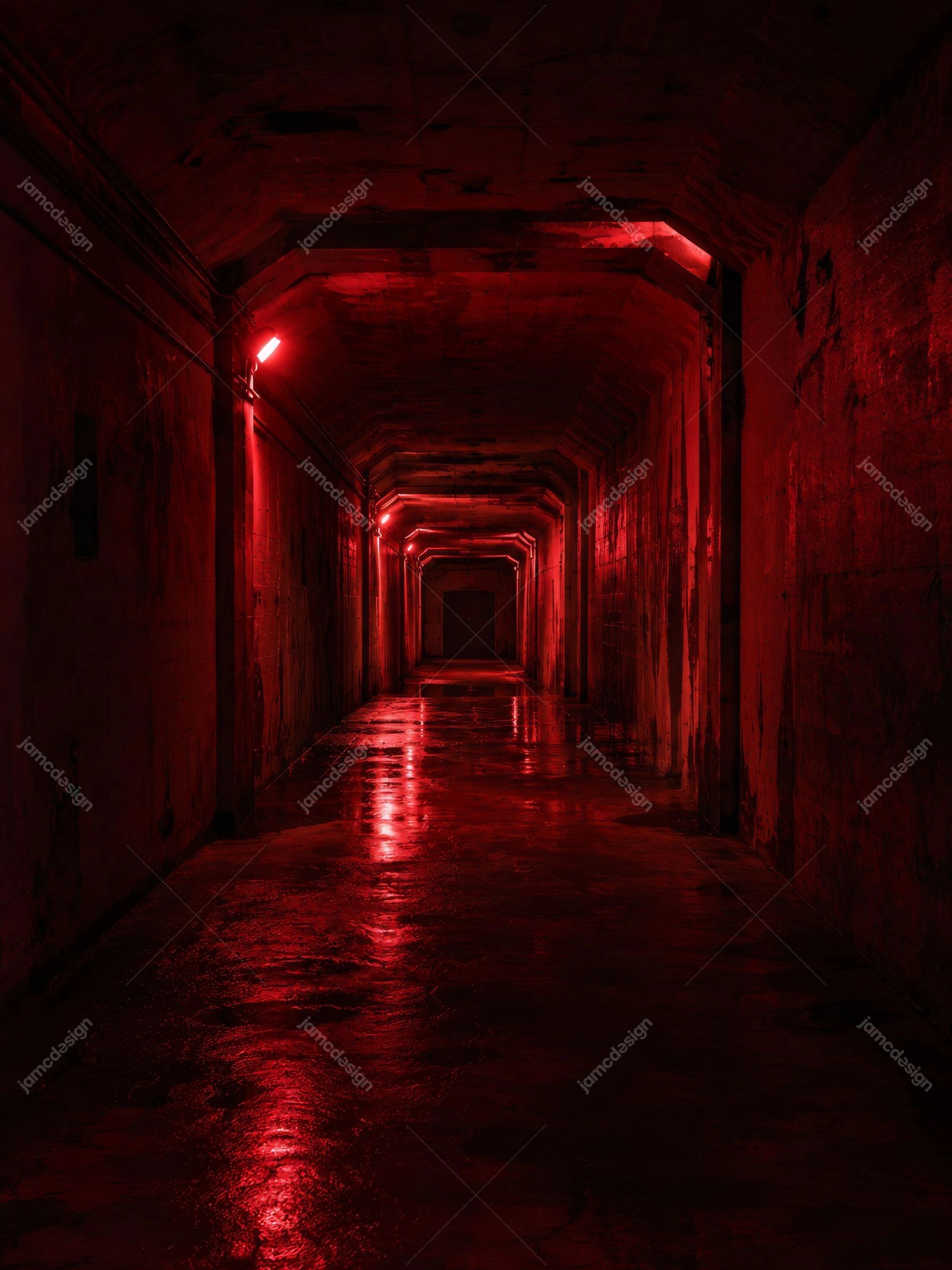 Underground Red Light Tunnel Crimson Walls Background. This JPG background shows an underground architectural tunnel illuminated by red lights