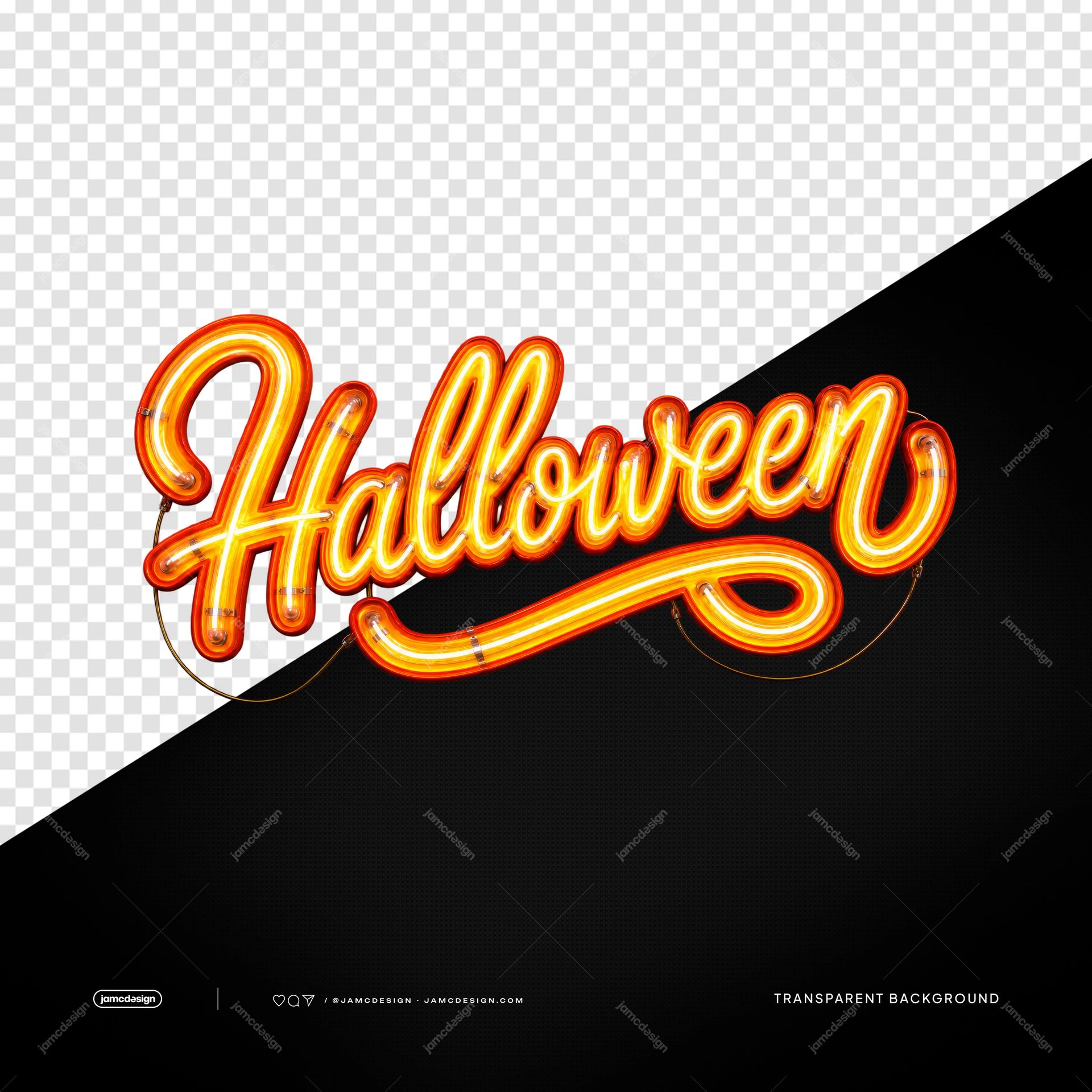Letrero Neón Naranja De Halloween PNG. Este recurso PNG transparente presenta letras cursivas 3D de color naranja brillante, con un subrayado fluido