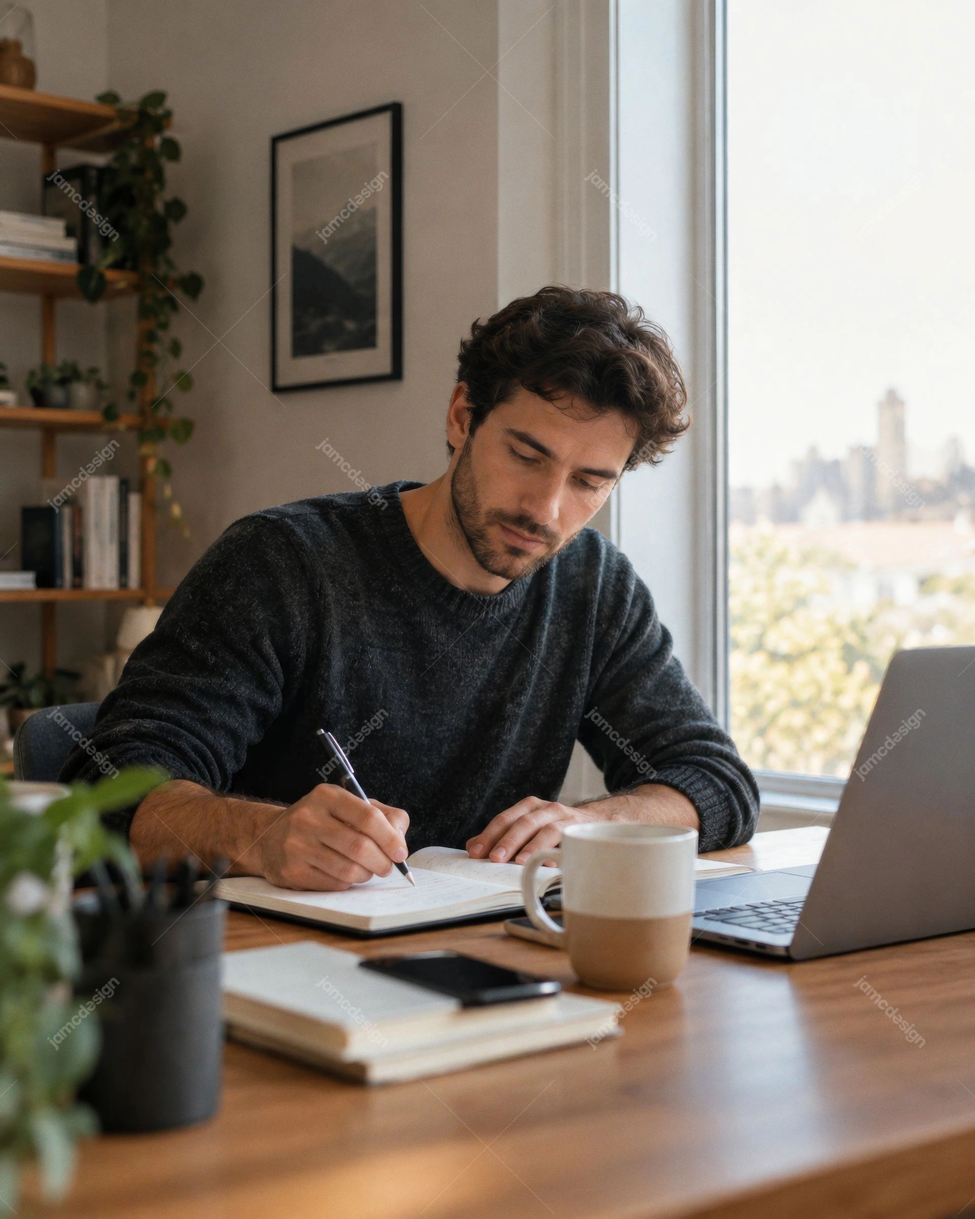 Hombre Trabajando Desde Casa Con Portátil, Cuaderno Y Café. Esta foto JPG realista muestra a un hombre trabajando en un escritorio de madera con un portátil