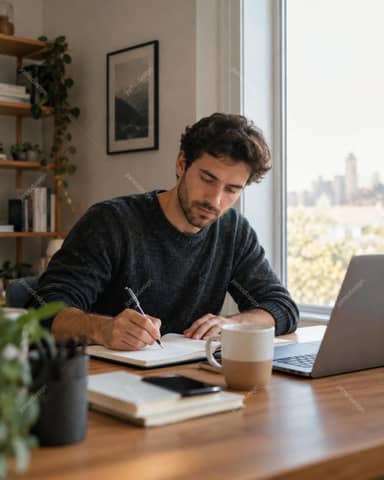 Man Working From Home With Laptop, Notebook And Coffee