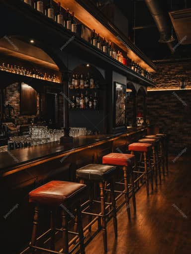 Interior De Pub Escuro E Elegante Com Iluminação Âmbar JPG