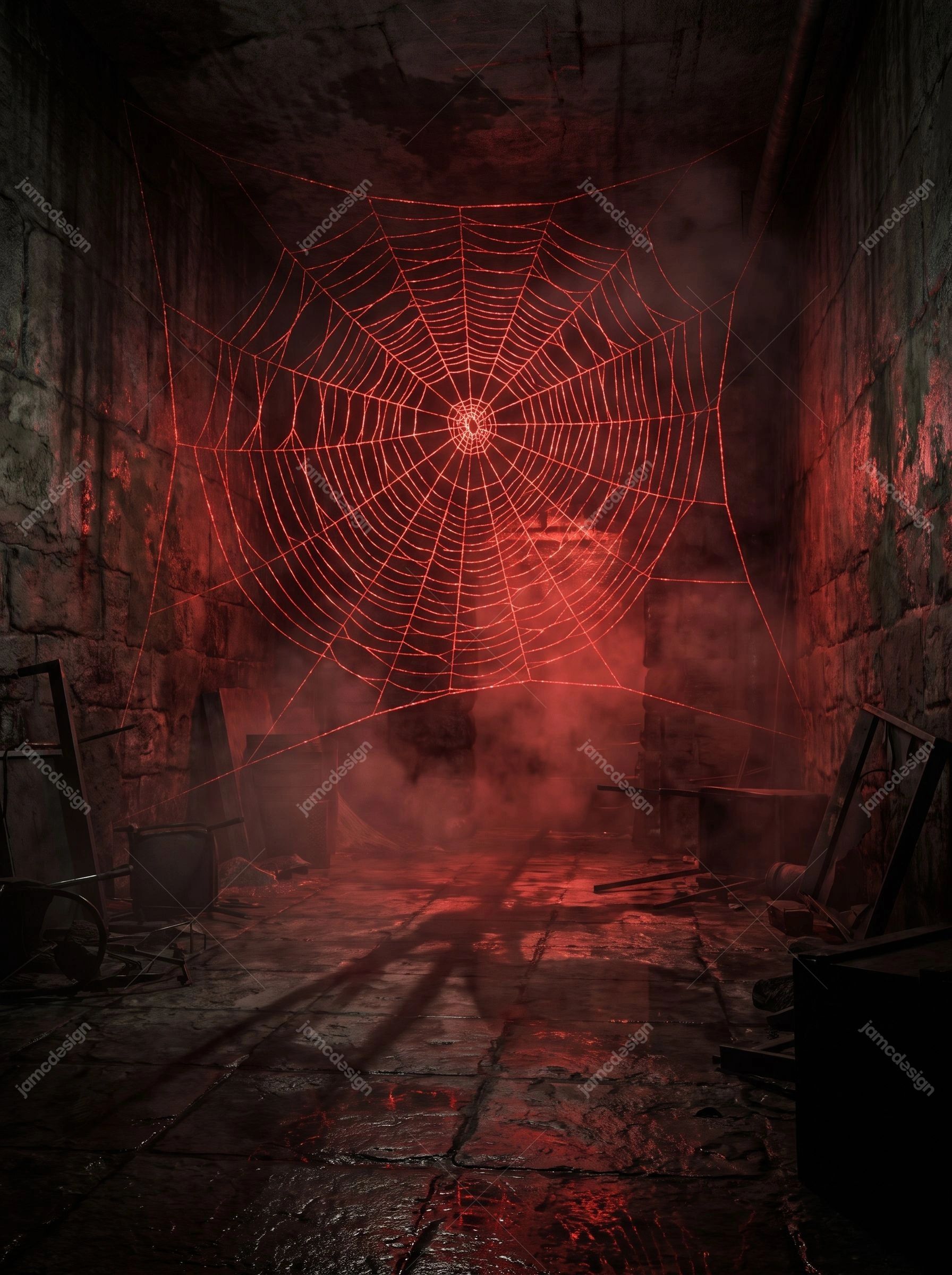 Glowing Spider Web Horror Basement Crimson Cobweb Passage. JPG background showing a ruined basement passage with a large red illuminated spider web