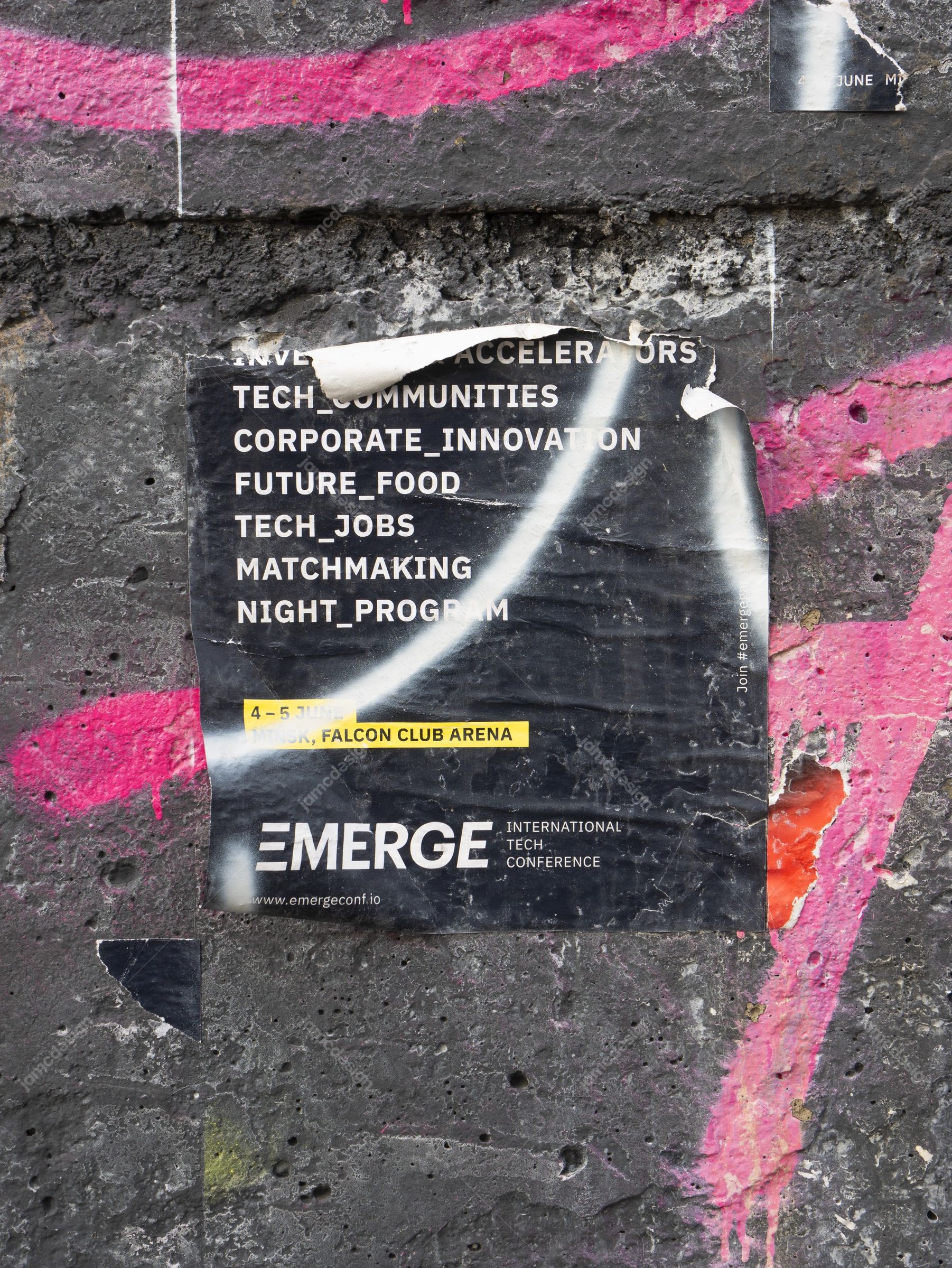 Torn Poster And Pink Paint Texture PNG. This PNG texture shows a torn, creased paper poster over rough grey concrete