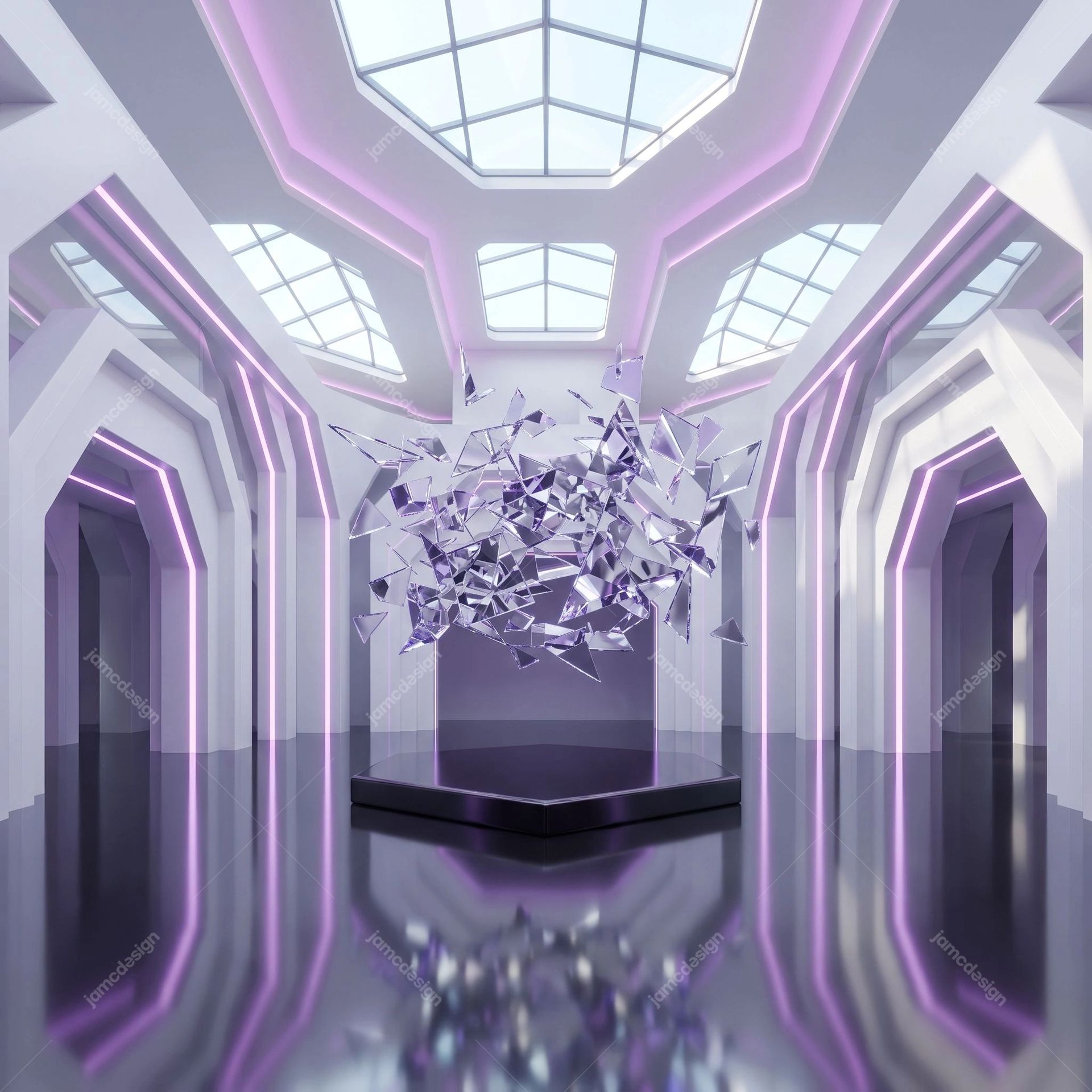 Futuristic Corridor Crystal Sculpture Background. Download this JPG background of a bright futuristic corridor with a floating faceted crystal sculpture