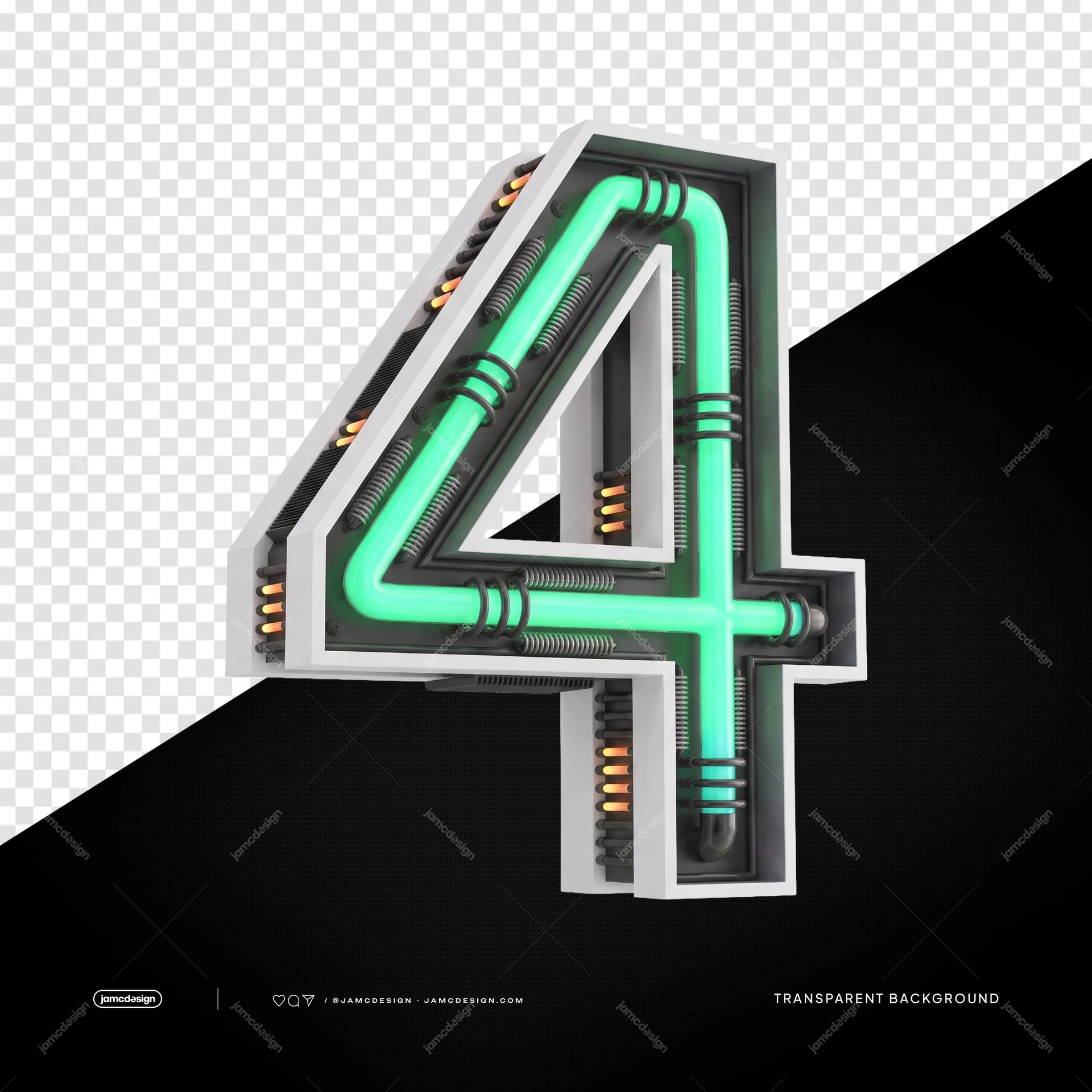3D Futuristic Industrial Neon Number 4 PNG Transparent Background. 3D industrial neon number 4 supplied as a PNG with transparent background