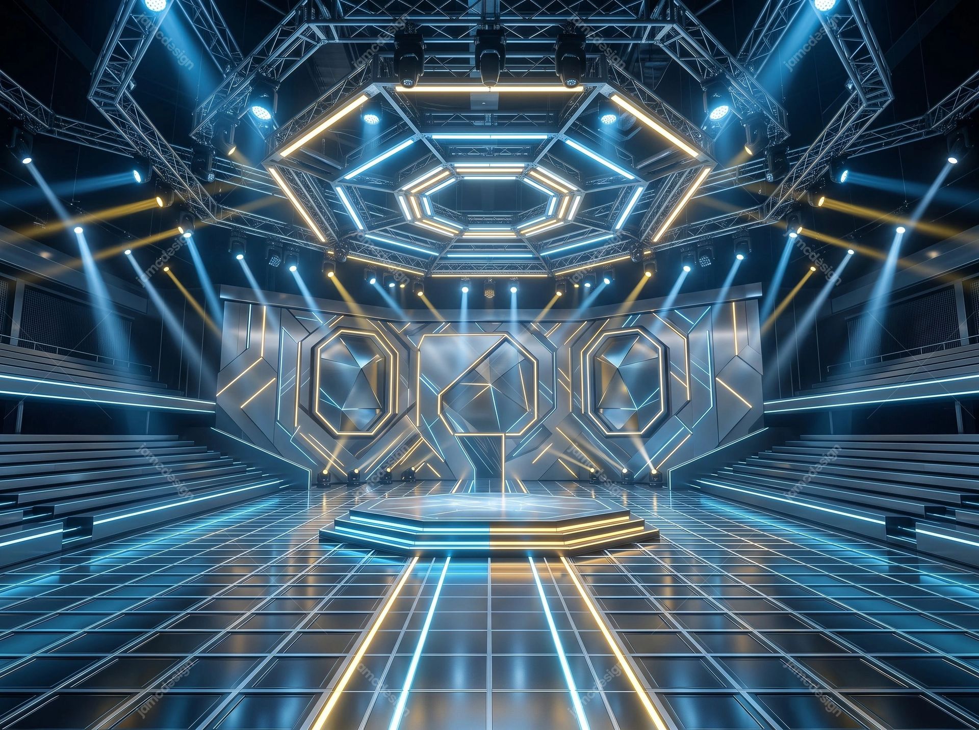 Futuristic Blue And Gold Hexagonal Stage Background. Download this JPG background showing a futuristic interior stage with layered hexagonal lighting