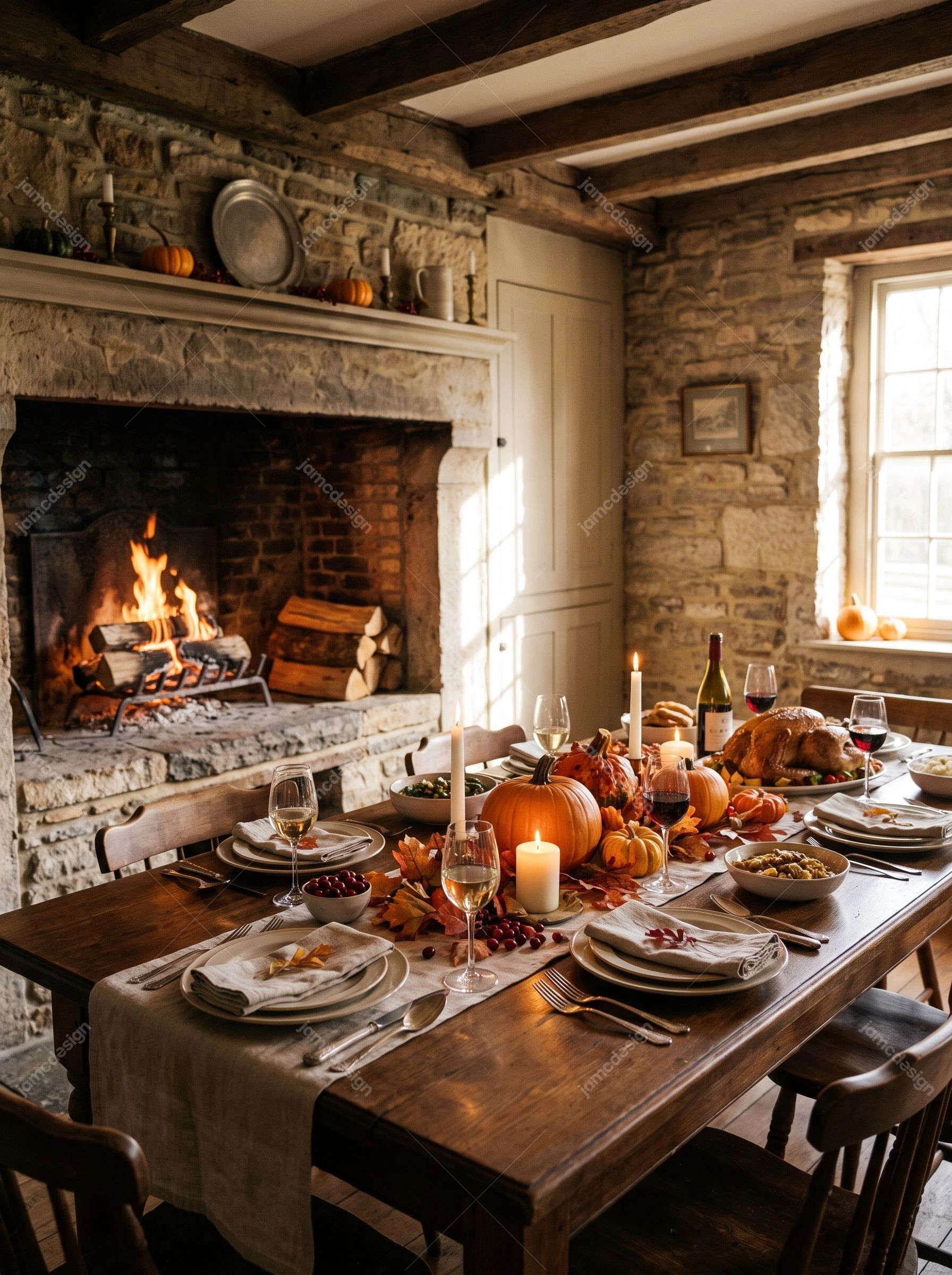 Thanksgiving Table With Pumpkins, Turkey And Autumn Decor. Download this JPG photo of a warmly set Thanksgiving dining table with pumpkins, autumn foliage