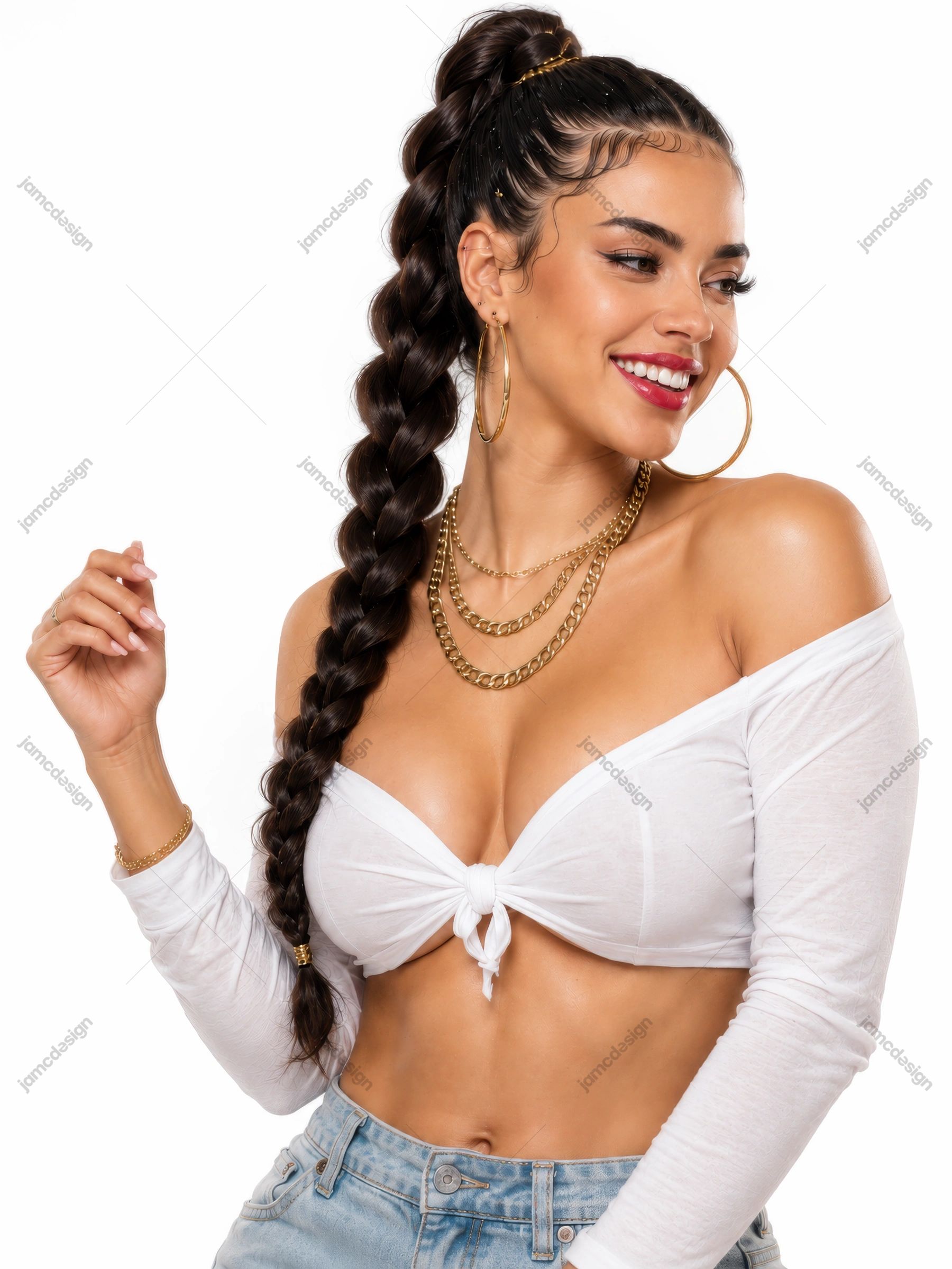 Smiling Woman Portrait With Braid And Gold Jewelry PNG. This PNG photo features a smiling woman with a long braid, hoop earrings and layered gold jewelry