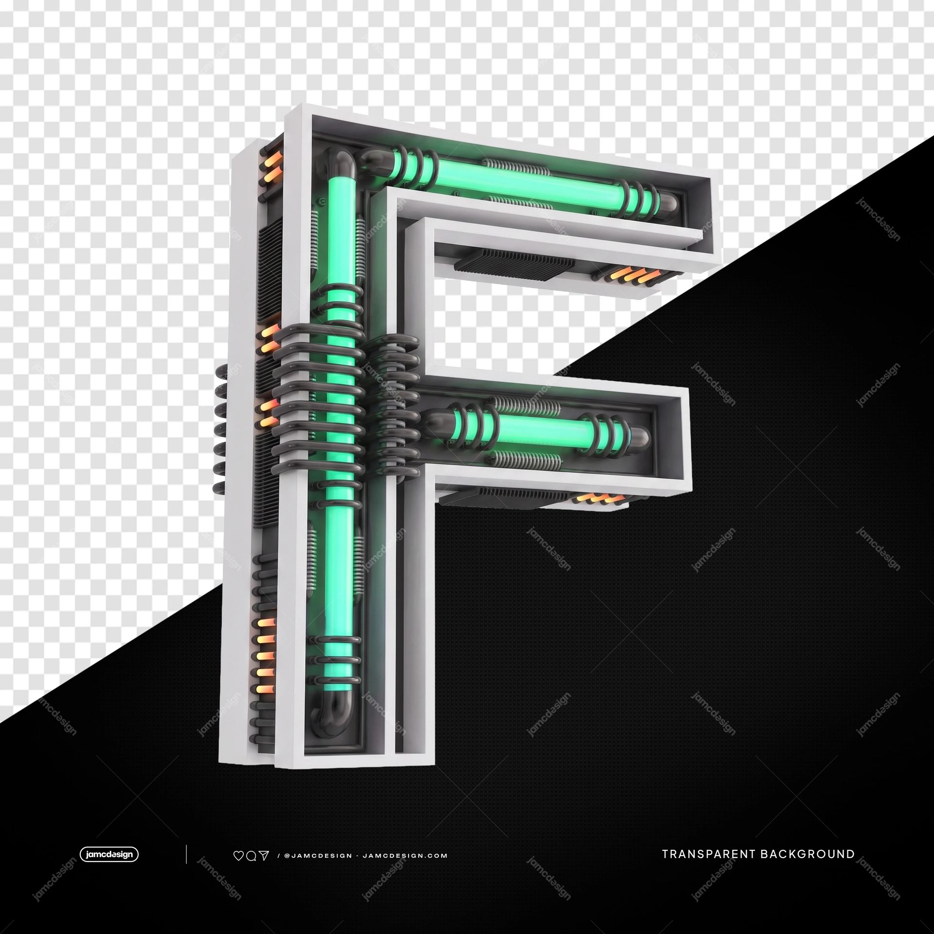 3D Futuristic Industrial Neon Letter F PNG Transparent Background. 3D futuristic industrial letter F rendered as a PNG with a transparent background