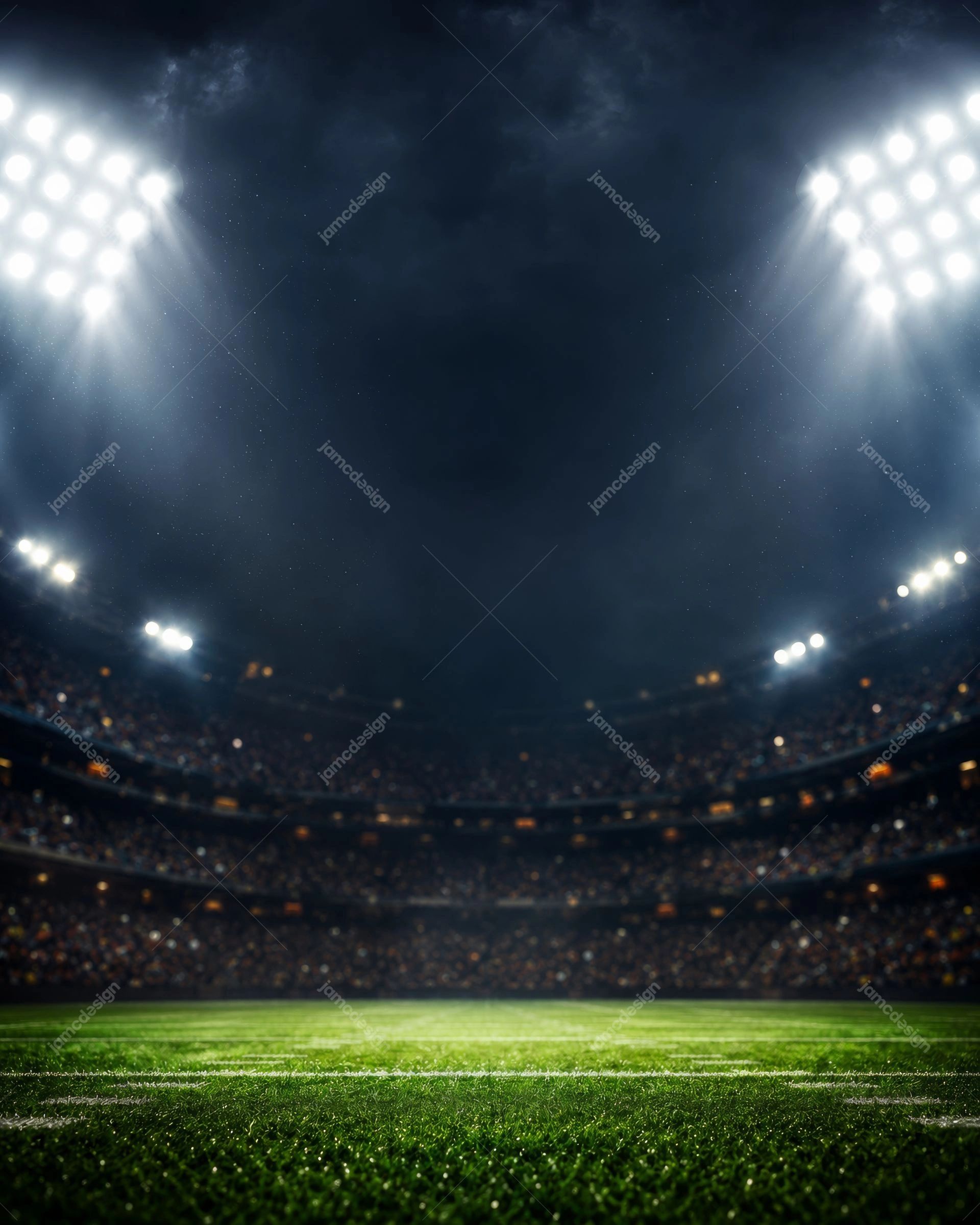 Fundo De Estádio De Futebol Com Iluminação Noturna. Fundo em JPG mostrando um estádio de futebol à noite, com holofotes intensos