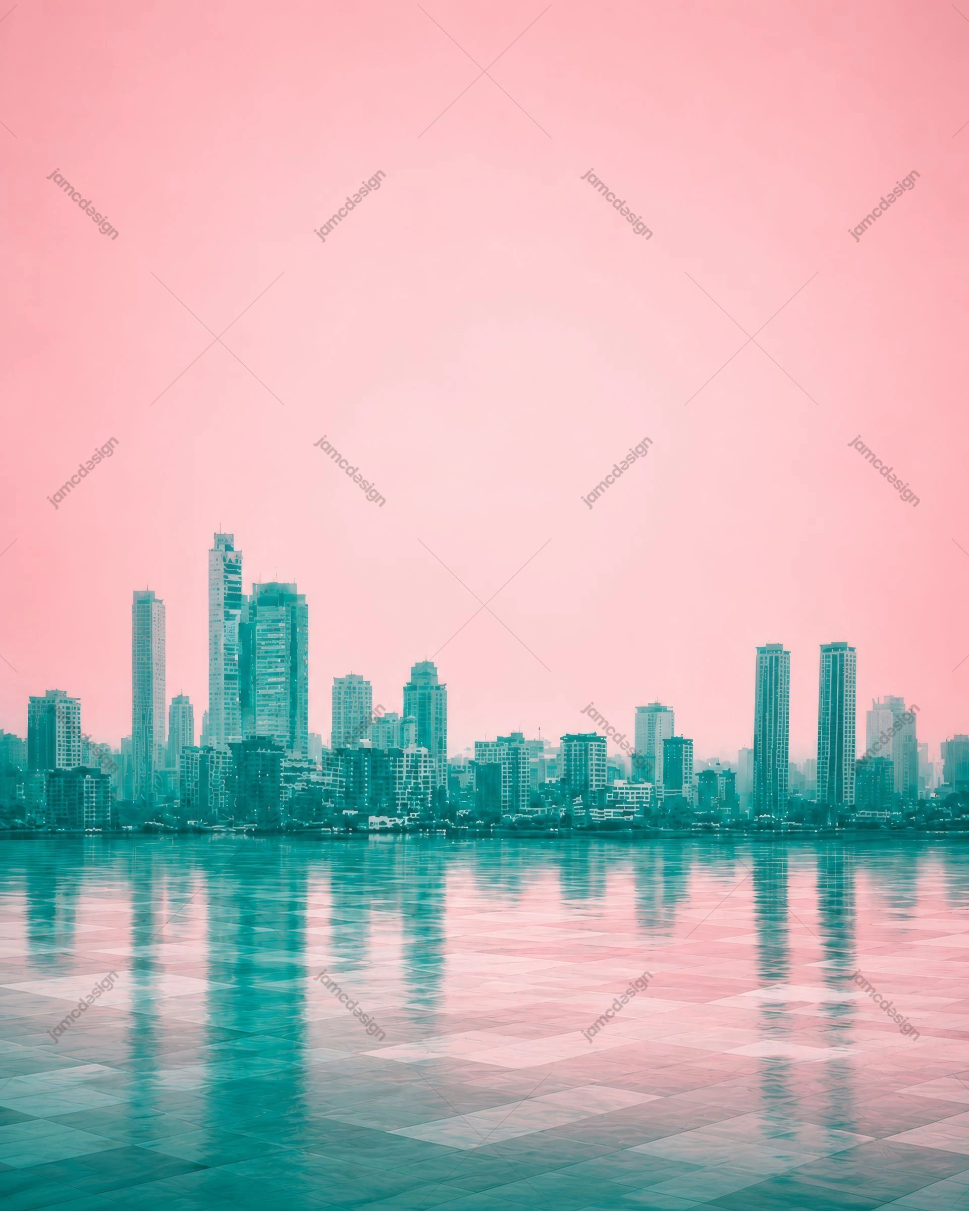 Fondo Del Perfil Urbano De Una Ciudad Rosa Y Turquesa. Fondo JPG del perfil urbano de una ciudad, con edificios altos de color turquesa junto a aguas